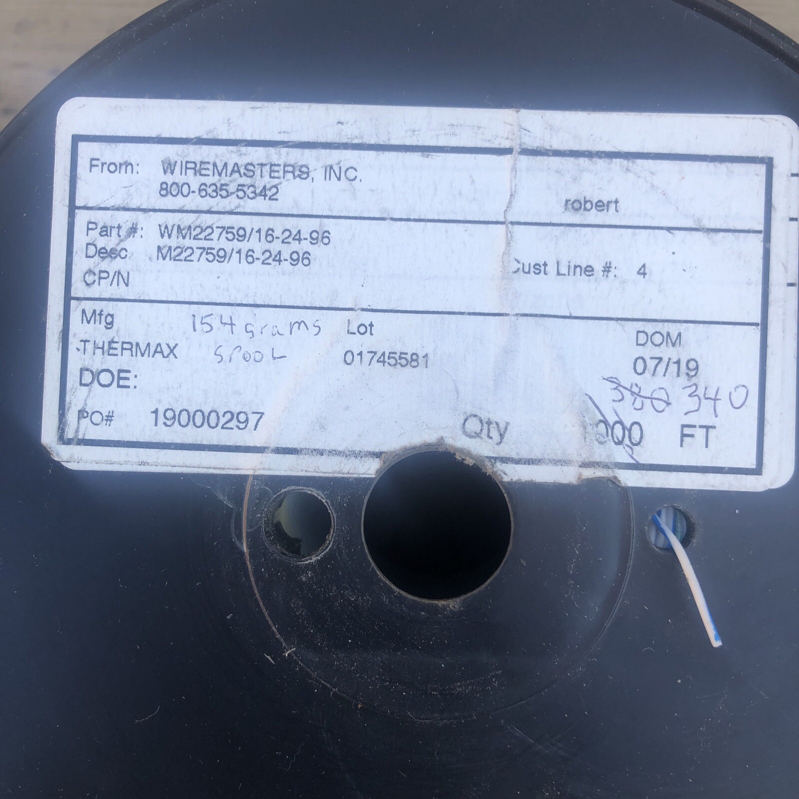 (340 ft.) Thermax Tefzel 24ga ETFE Wire M22759/16-24-96 WM22759 Blue-White QPL