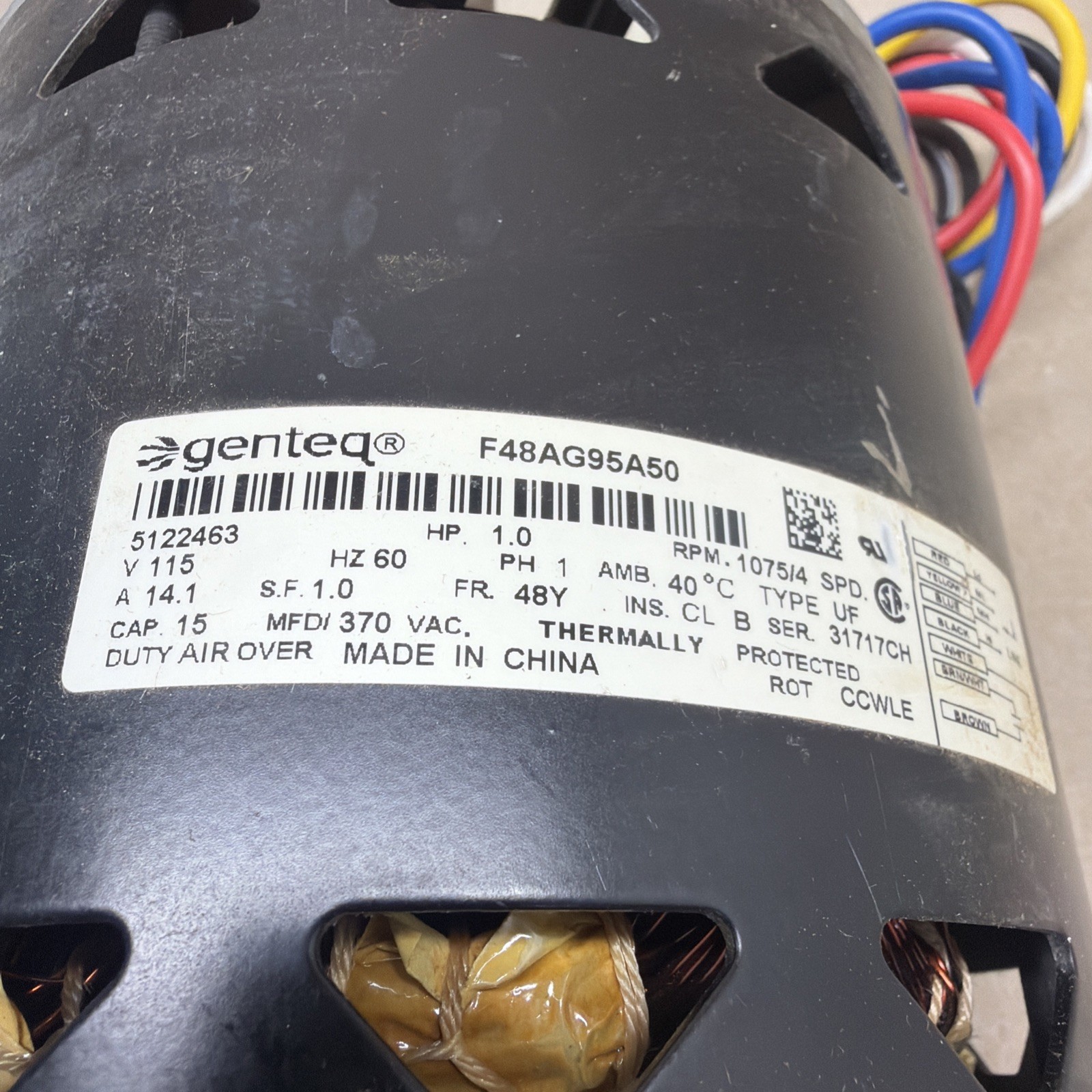 Genteq F48AG95A50 Furnace Blower Motor 1HP 1075RPM 4SPD 115V 5122463 CCWLE