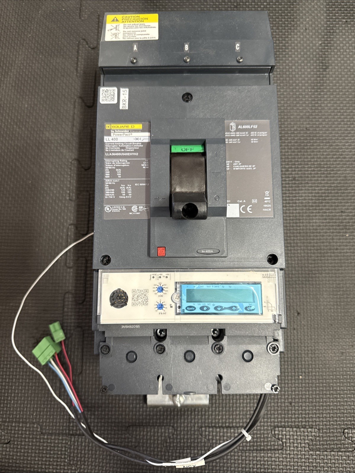 SQUARE D LL400 Circuit Breaker, PowerPacT400A, 3 pole, 600VAC, 50kA LLA36400U54X