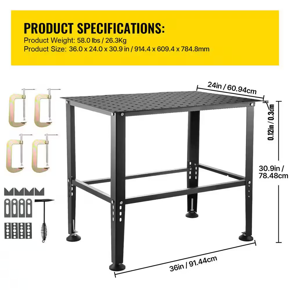 Welding Table 36 In. X 24 In., Work Bench with 0.63 In. Fixture Holes, 800LBS. C