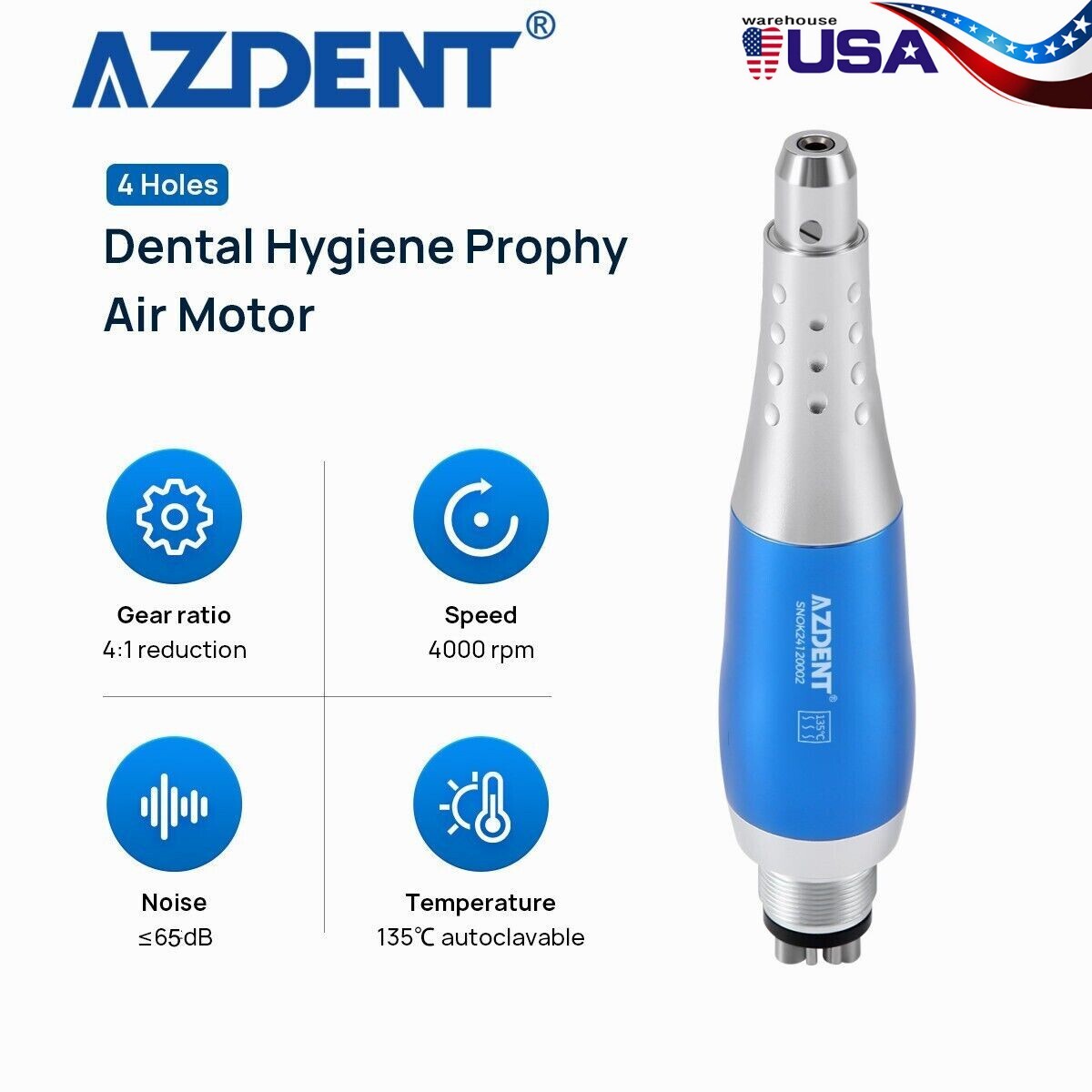 AZDENT 360° Dental 4:1 Nose Cone Hygiene Prophy Handpiece Air Motor 4 Holes