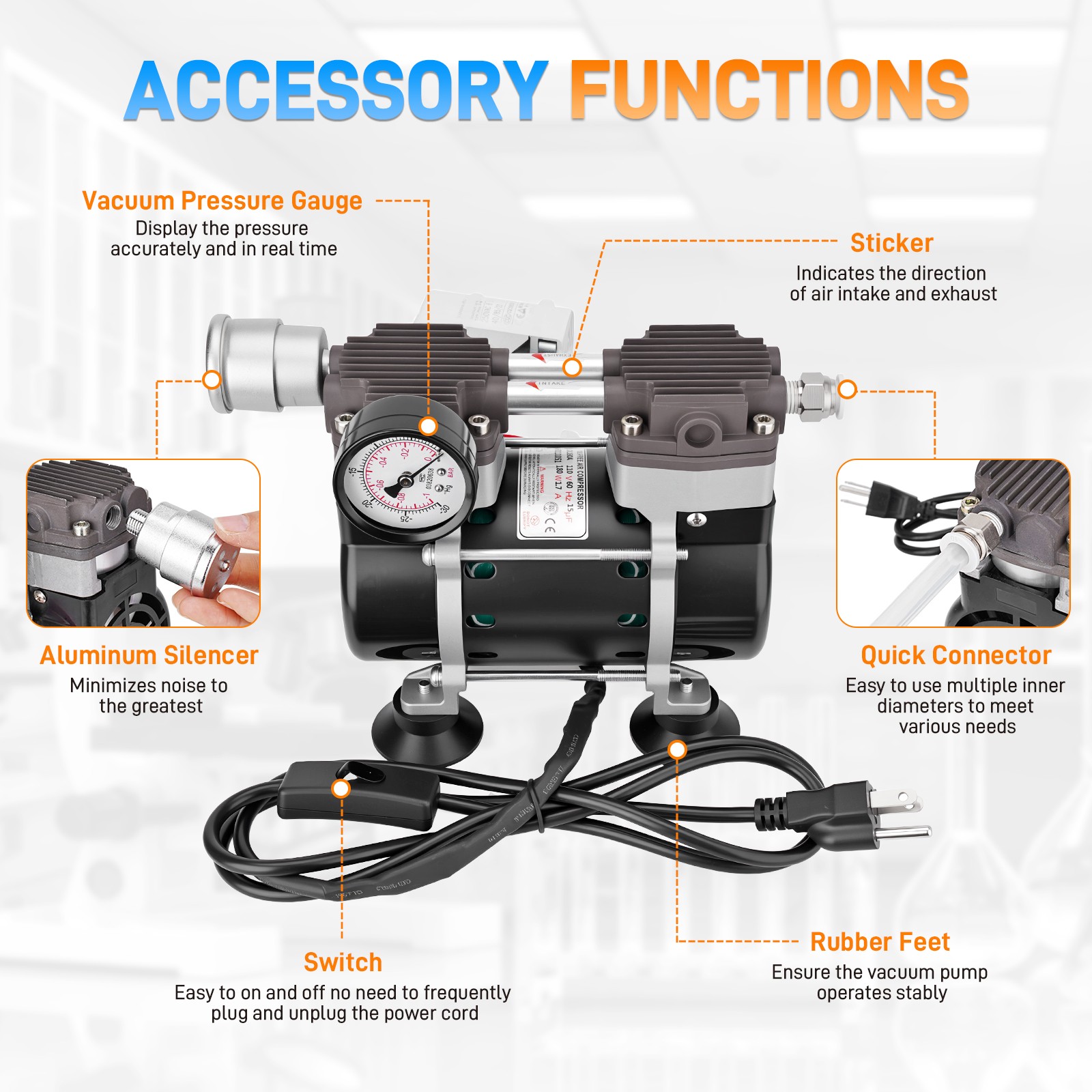 180W 50L/Min Vacuum Pump Lab Vacuum Pump w/ Switch Pressure Gauge Silencer Hose