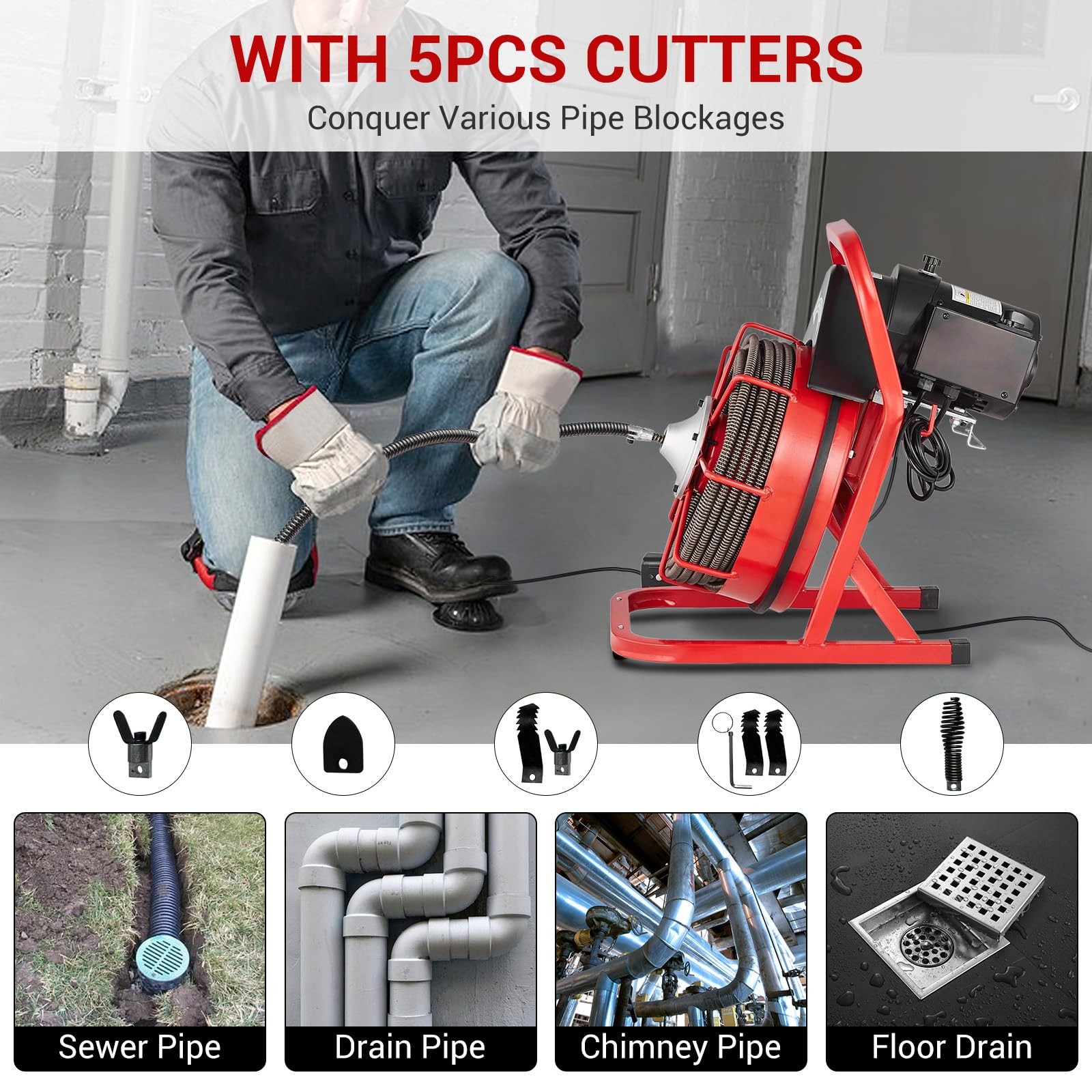 75 ft x 1/2 in Drain Cleaner Machine, 400W Drain Snake with 6 Cutters & Foot …