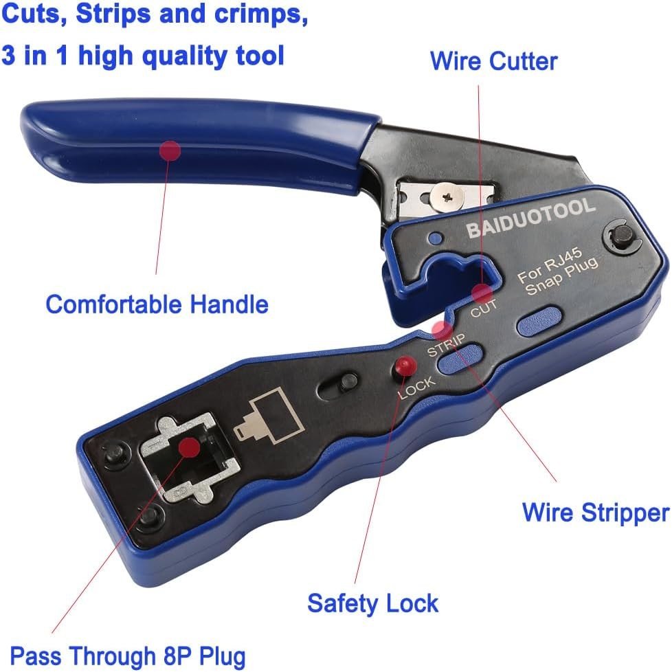 Pass-Through Crimper Cutter RJ45 Tool Kit for Cat5 Cat5e Cat6 Cat6a 8P8C Modular