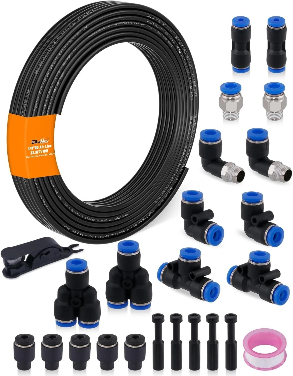 1/8″ Air Line Tubing Kit, 32.8FT(10M) SAE J844 PA Nylon Air Hose Tubing with Cut
