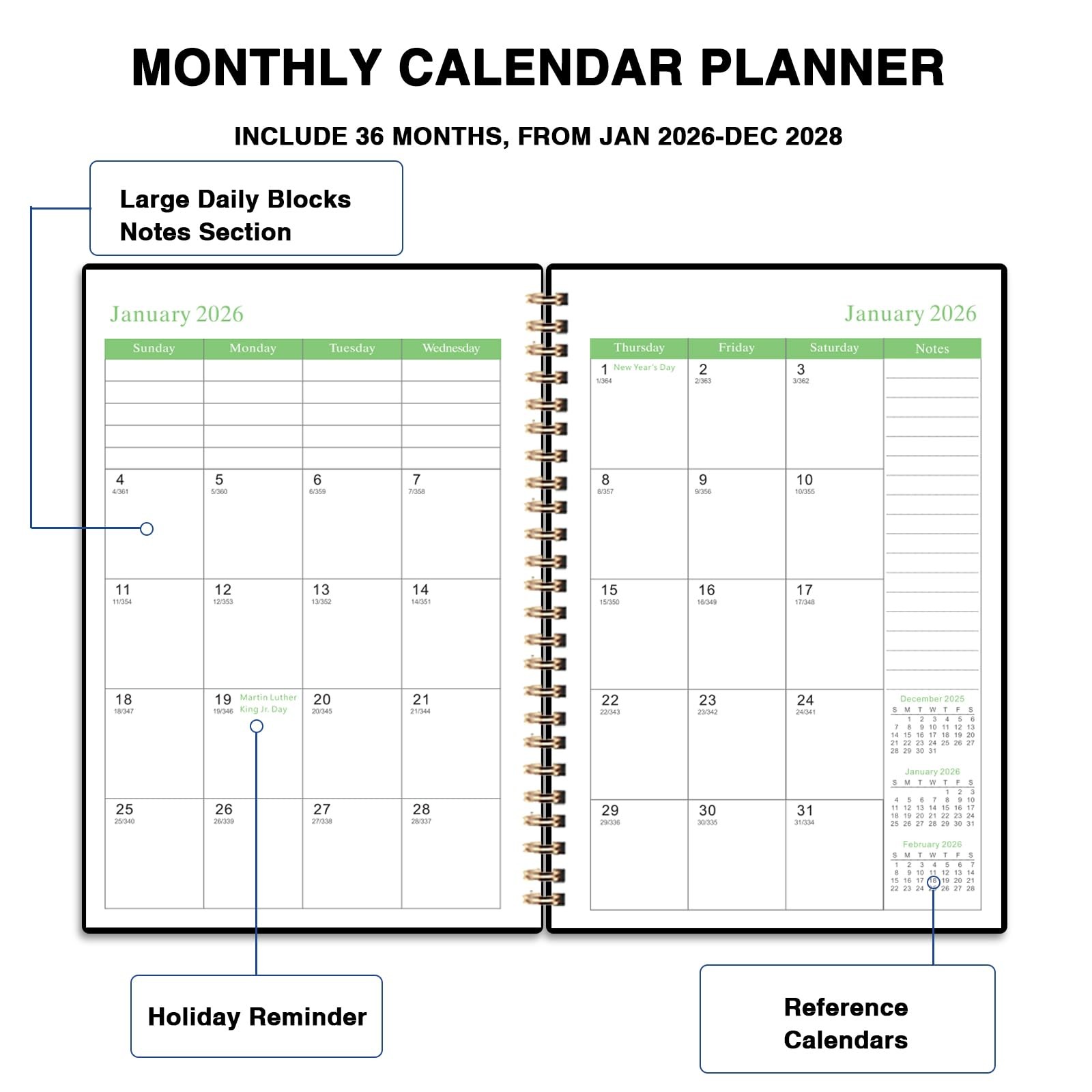 Monthly Planner 2026-2028, 3 Year 5.7» X 8.5», Black(JAN2026-DEC2028)