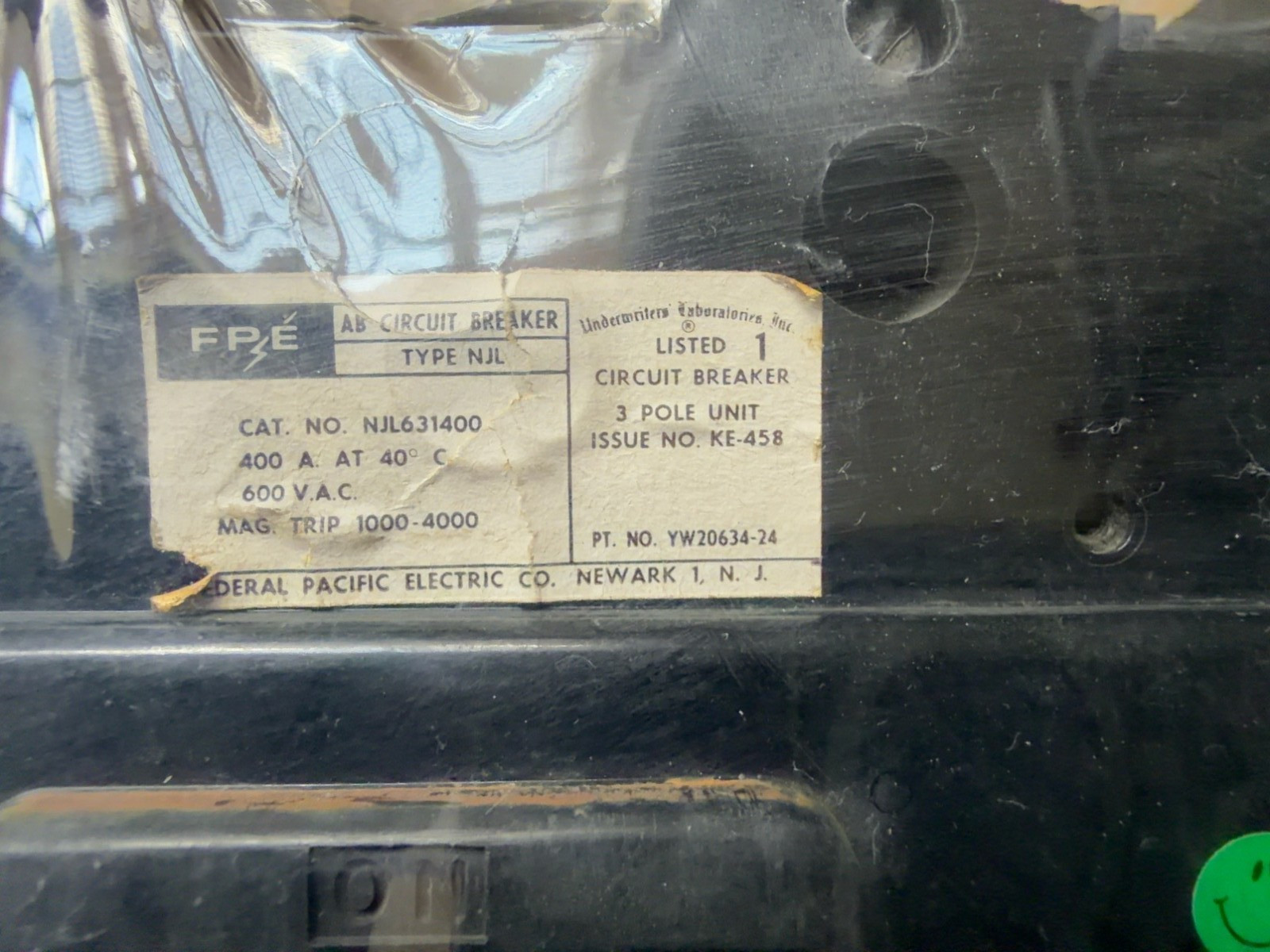 FPE NJL631400 400A 3 Pole 600VAC Circuit Breaker Federal Pacific NJL