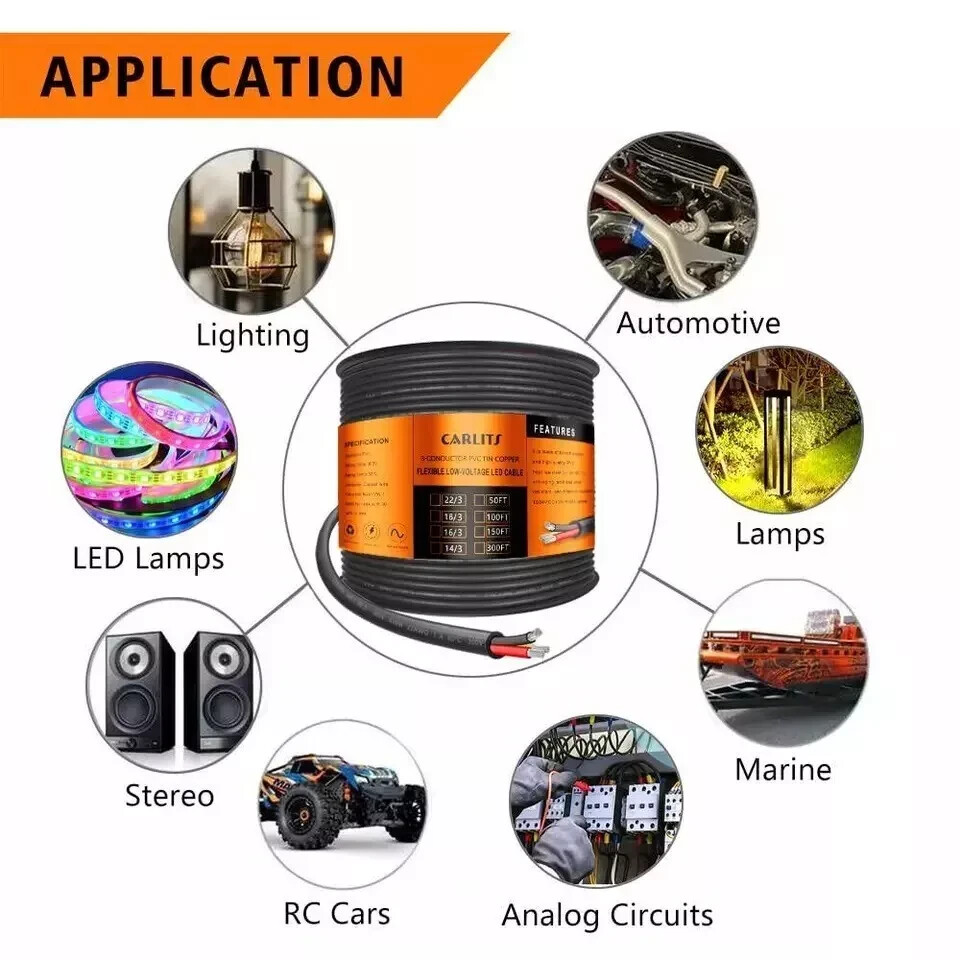 18 Gauge 3 Conductor Electrical Wire, 50FT Black Stranded Low Voltage 18/3 Cable