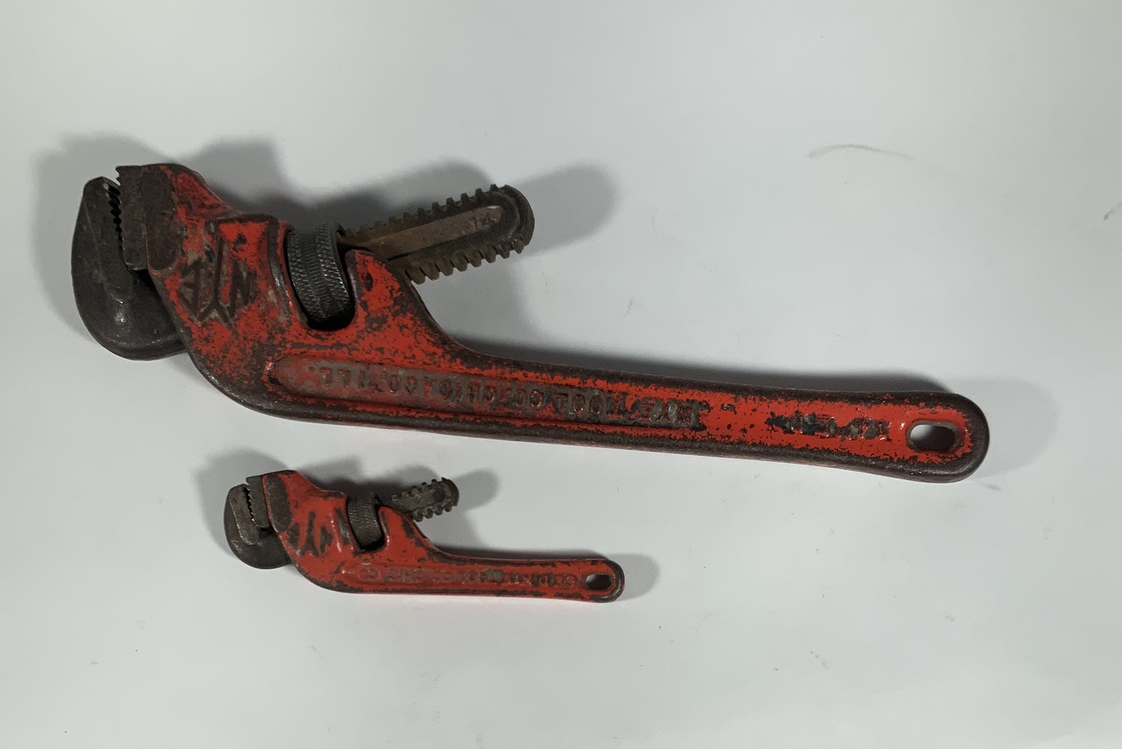 Two NYE Tool Heavy Duty Offset Pipe Wrenches, 14 and 6, vintage Steel Chicago