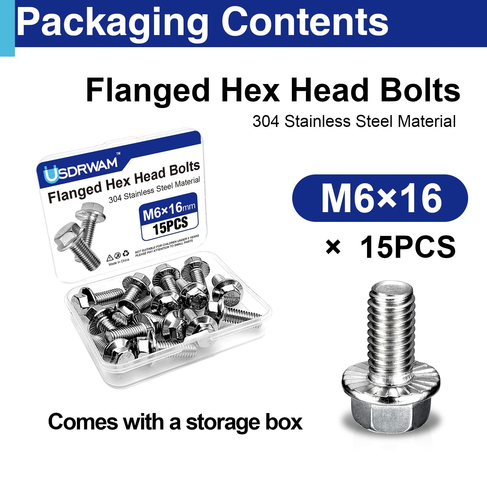 15 Pack M6-1.0 × 16mm Flange Bolt, Full Thread 304 Stainless Steel M6, Silver