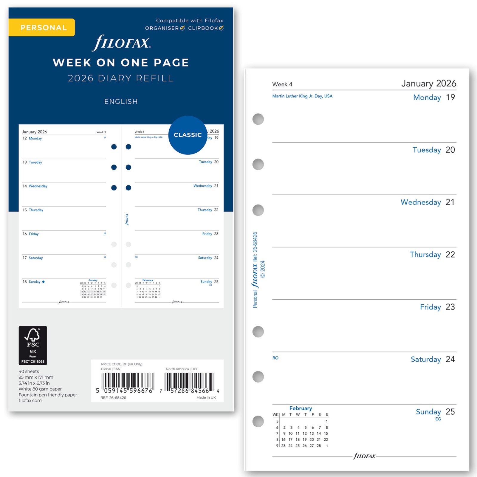 2026 Filofax Personal Size Refill 26-68426, Week on One Page, 95mm x 171mm