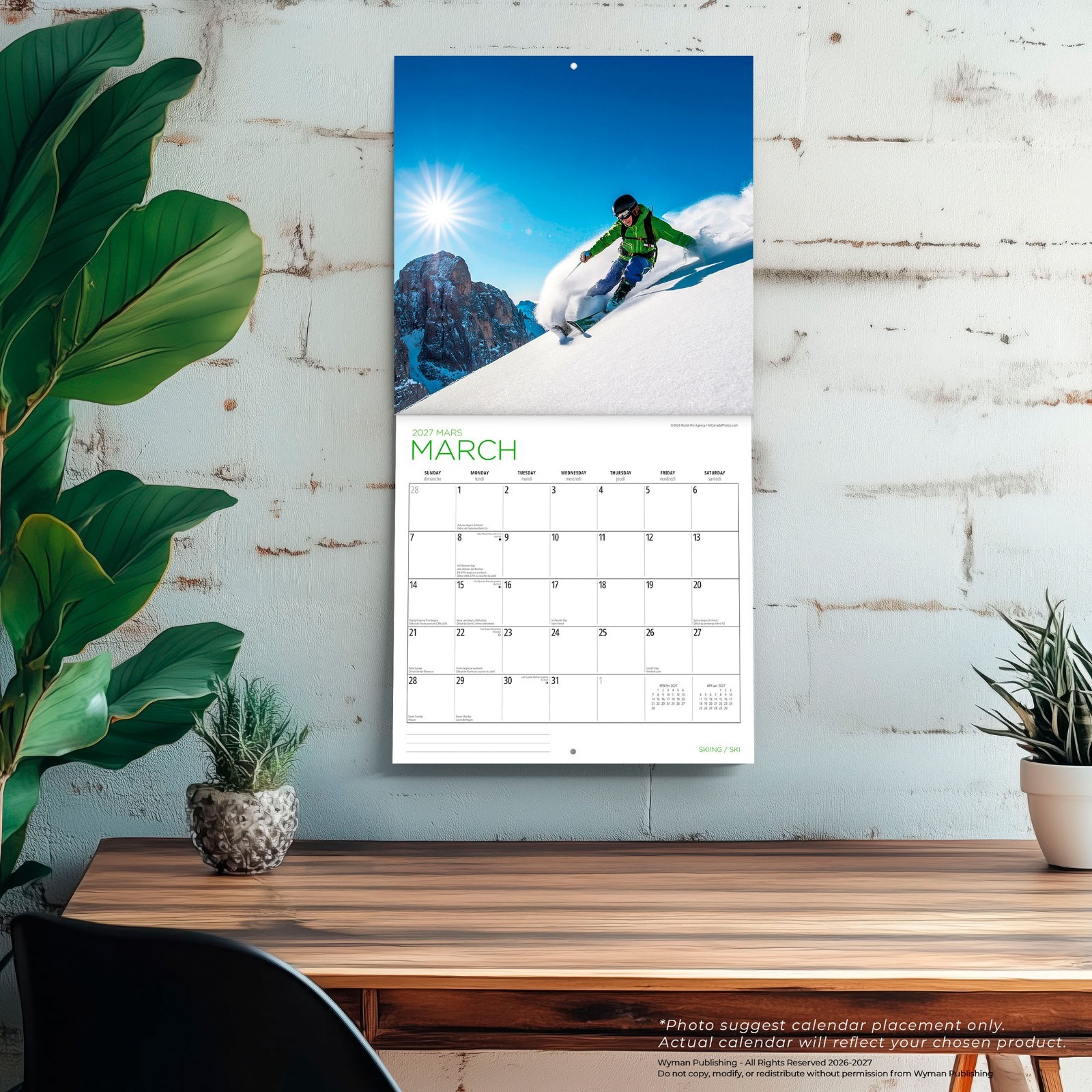 Skiing | 2027 12×24″ (Hanging) Monthly Square Wall Calendar