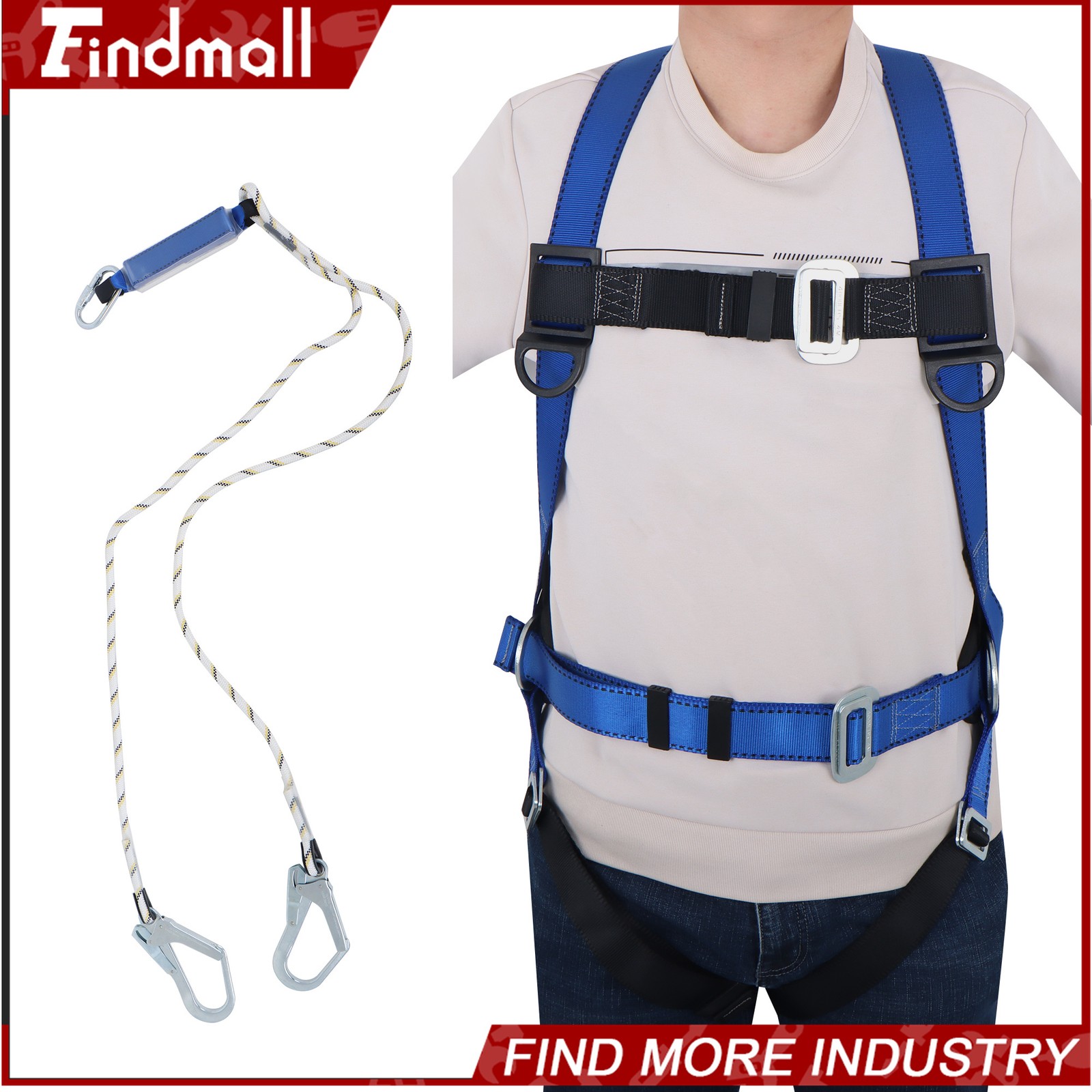 Findmall Full Body Roofing Harness Fall Protection Kit W/Shock Absorbing Lanyard