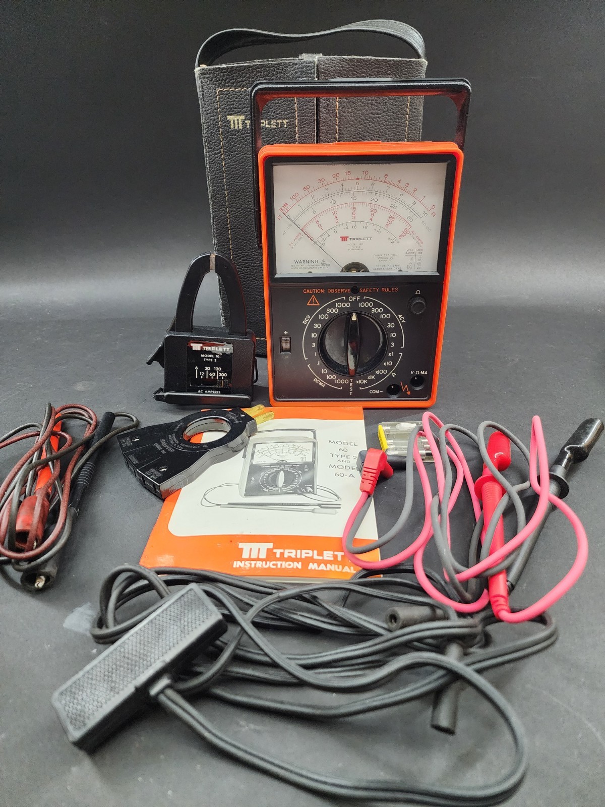 Triplett Model 60 Type 2 Handheld MultiMeter With C Clamp, Adapter Etc