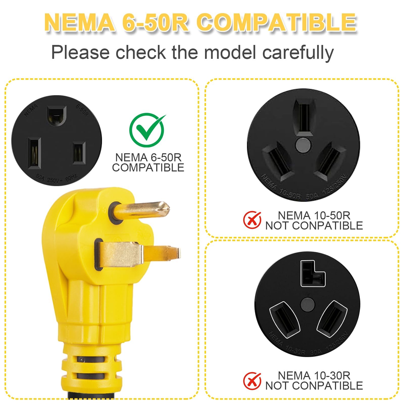 NEMA 6-50P to 14-50R EV Charger Adapter Cord, STW 6AWG 50 Amp 125V/250 Volts,…