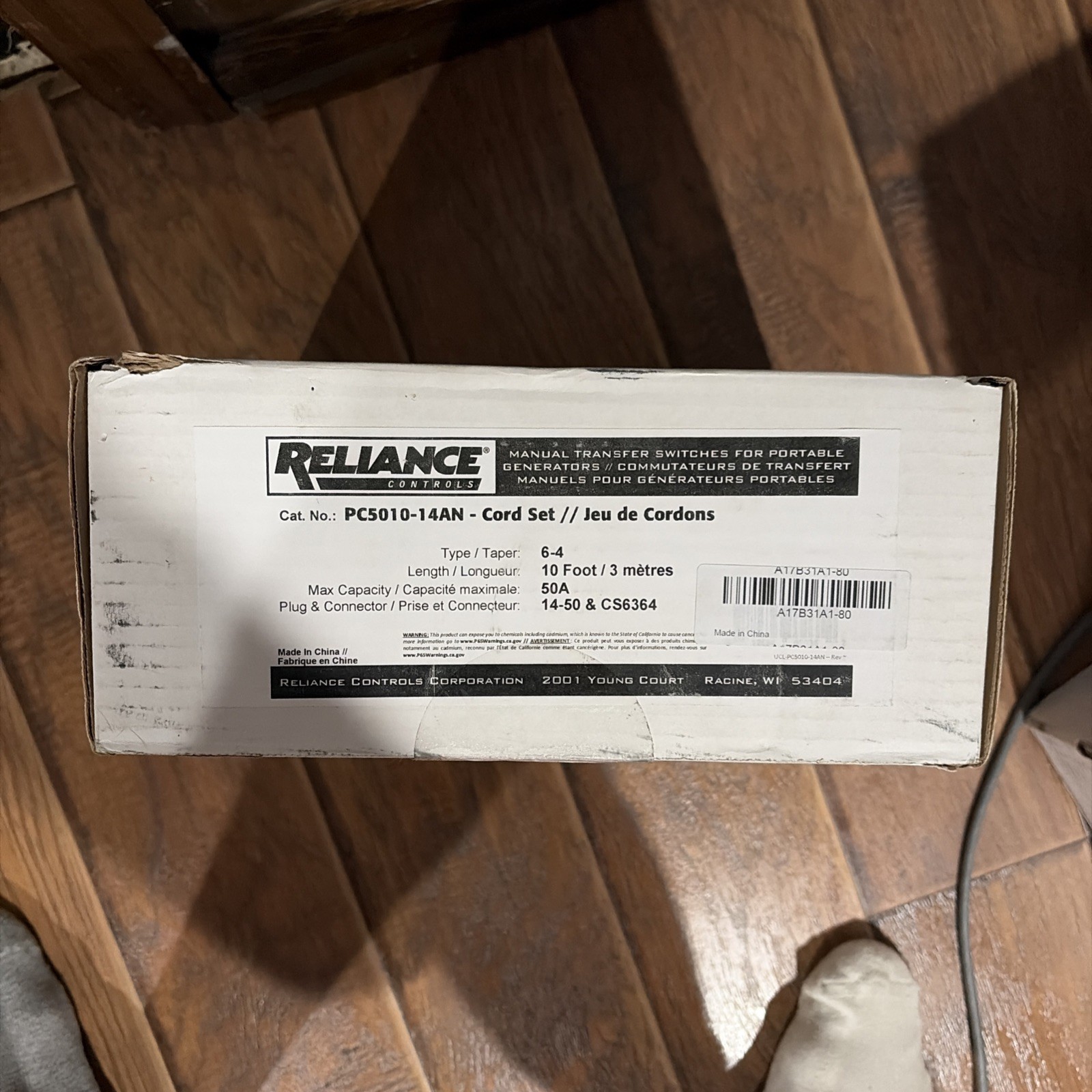 Reliance Controls SS2-50R to NEMA 14-50P, 10 FT, 6AWG, 50A, Power Cord