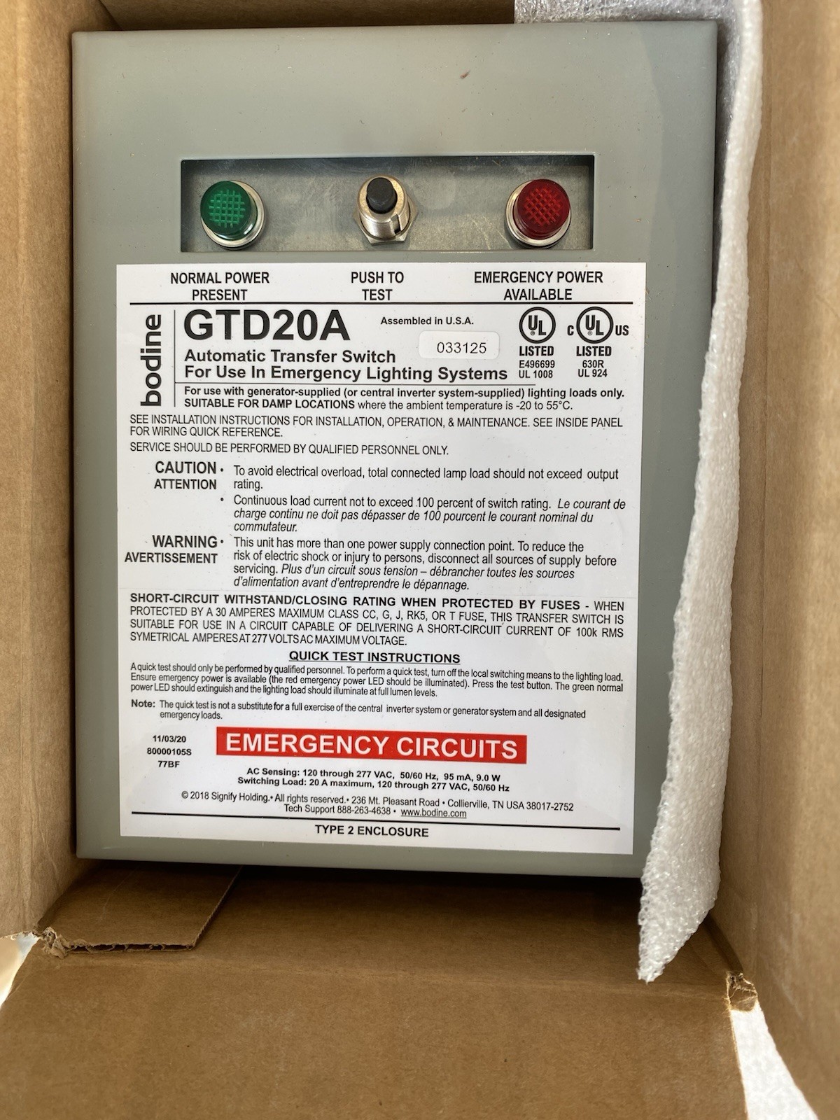 BODINE GTD20A 120/277V 50/60HZ 9W 20A TYPE 2 EMERGENCY LIGHTING TRANSFER SWITCH