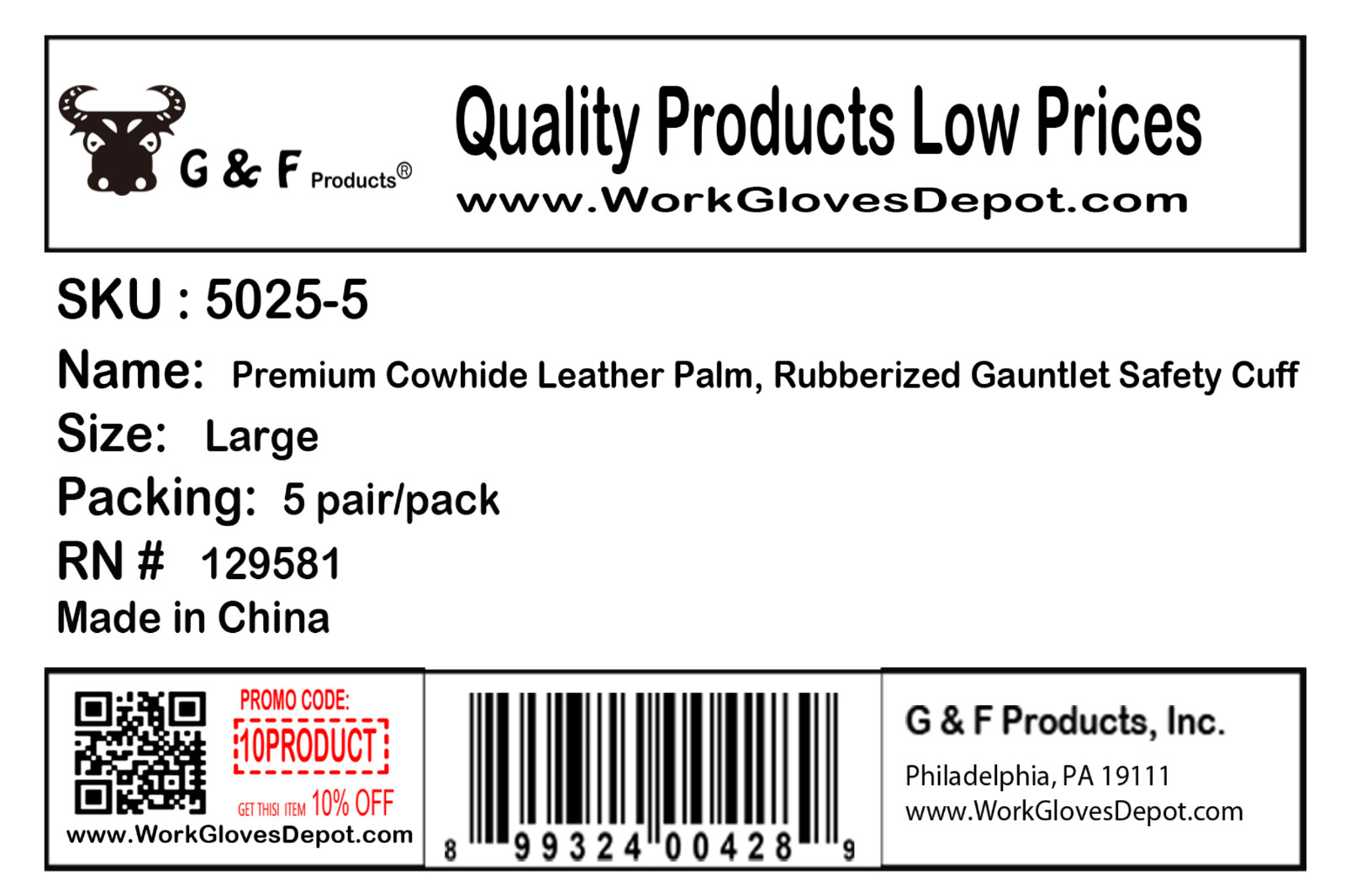 G & F 5025L-5 Suede Leather Work Gloves Extra Long Cuff Rubberized Safety 5 Pair
