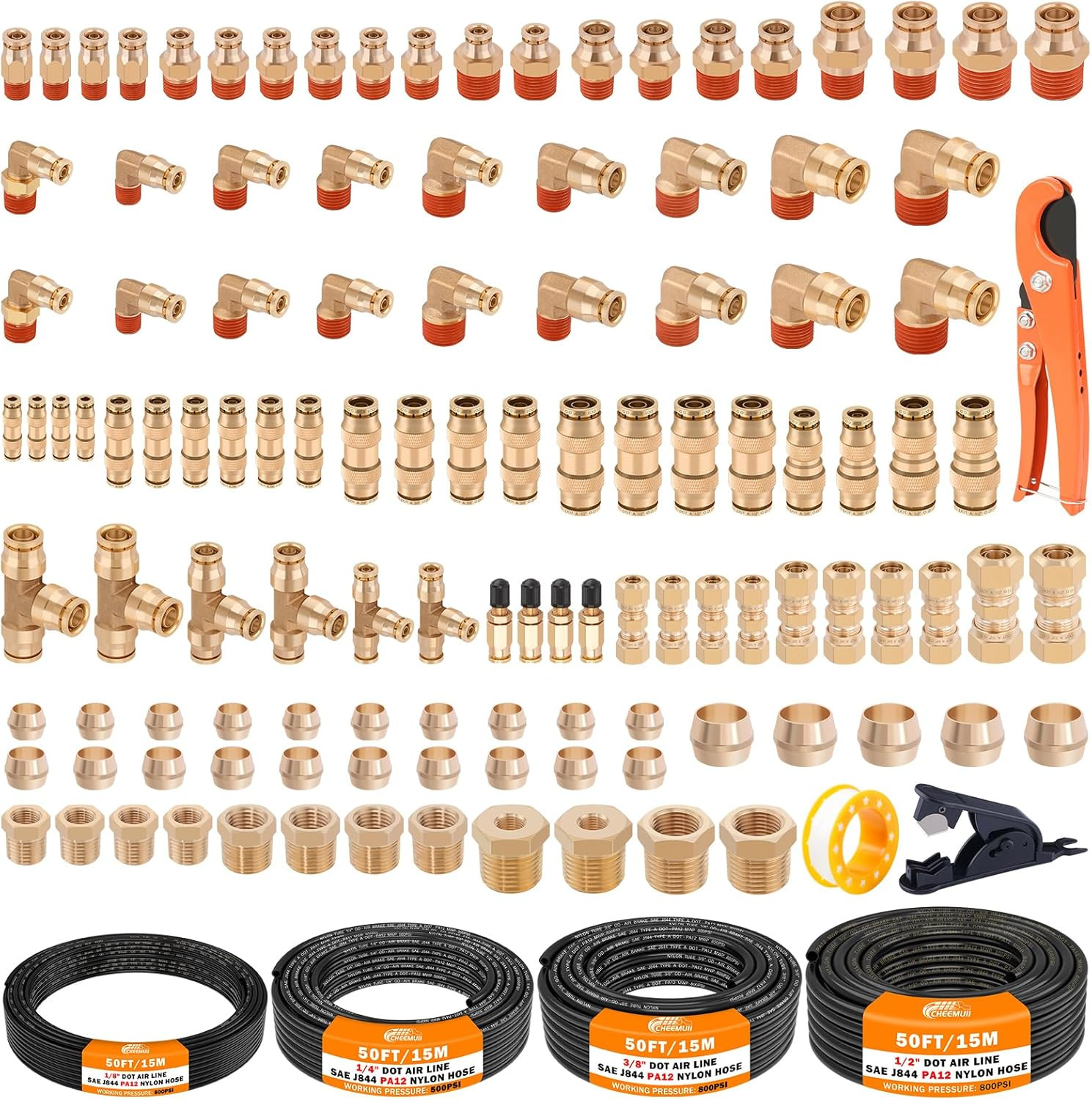 124 PCS Brass DOT Air Line Fittings with 4 Roll 50FT 1/8″ 1/4″ 3/8″ 1/2″ DOT Air