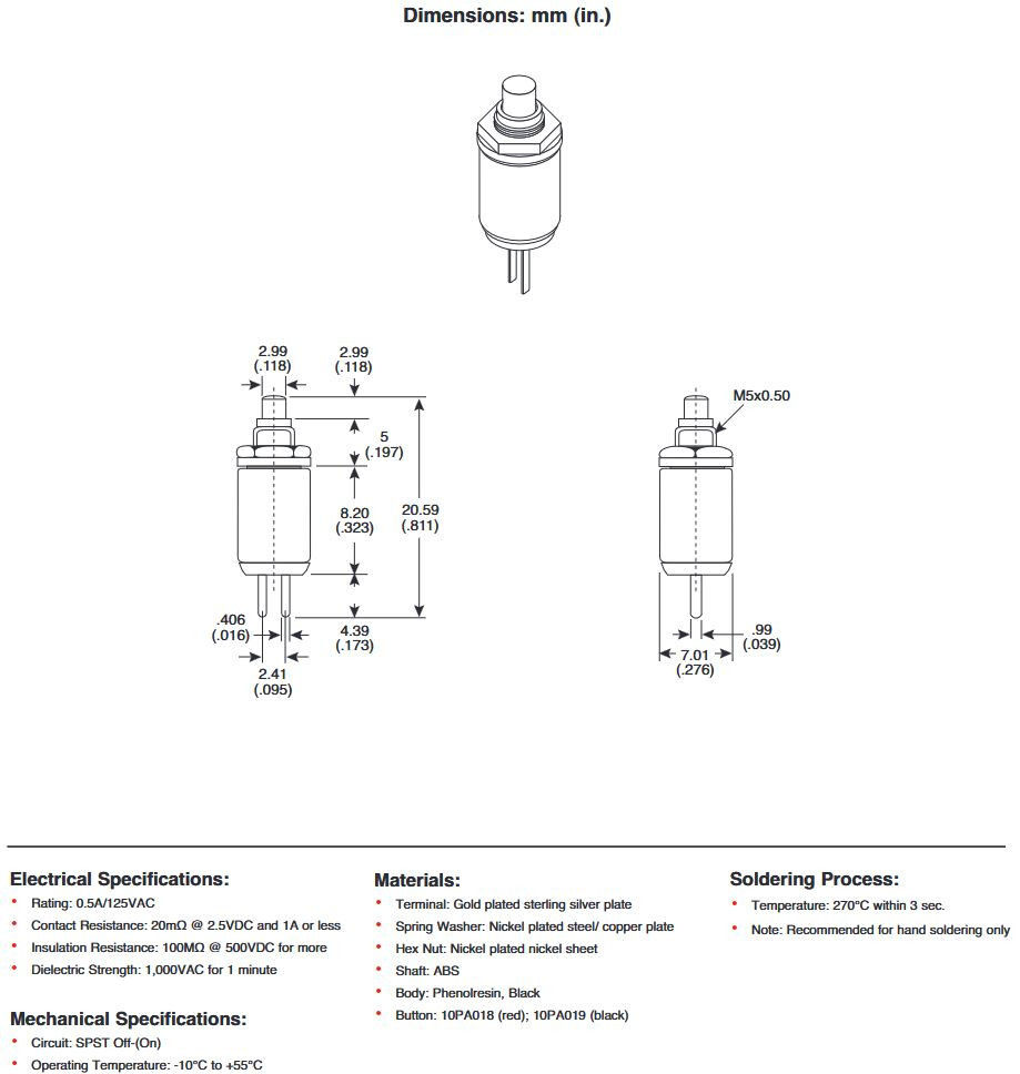 Lot of 100 10PA019 Momentary On Pushbutton Switch, Solder Terminals .5A @ 125va