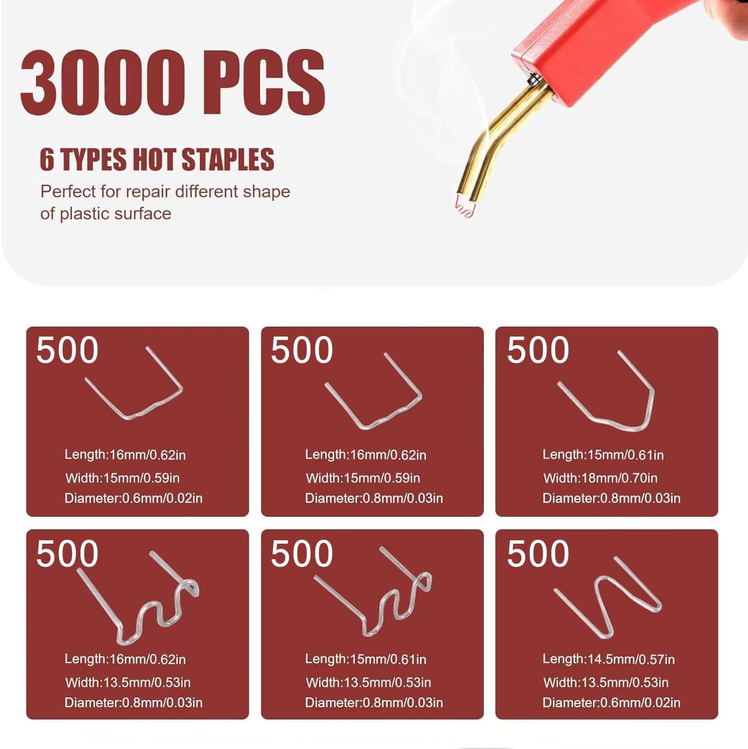 Plastic Welding Staples 3000 pcs,6 Types Hot Staples for Decoration,Auto Repair,