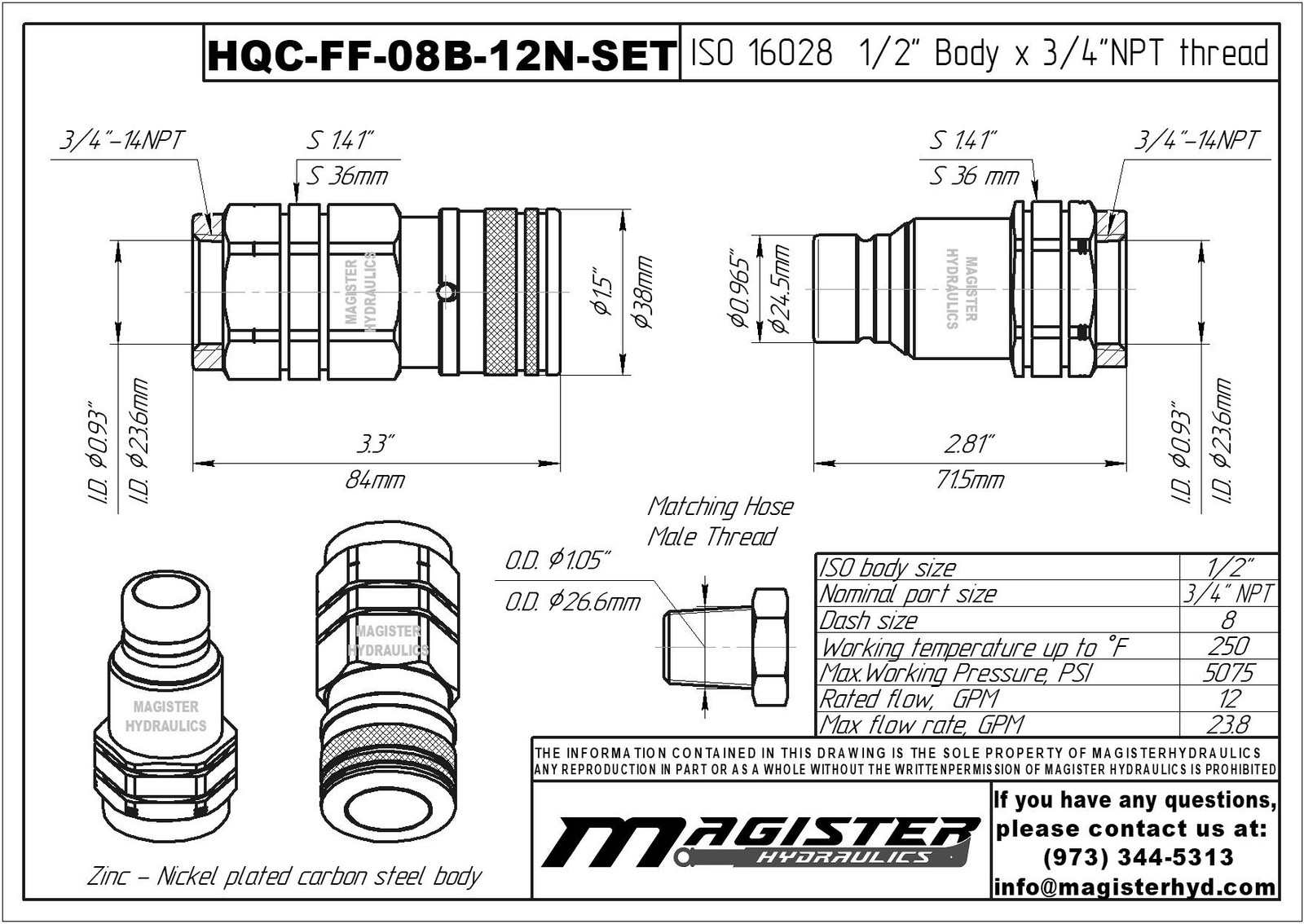 1/2″ Flat Face Hydraulic Quick Couplers Set – 3/4″ NPT Thread