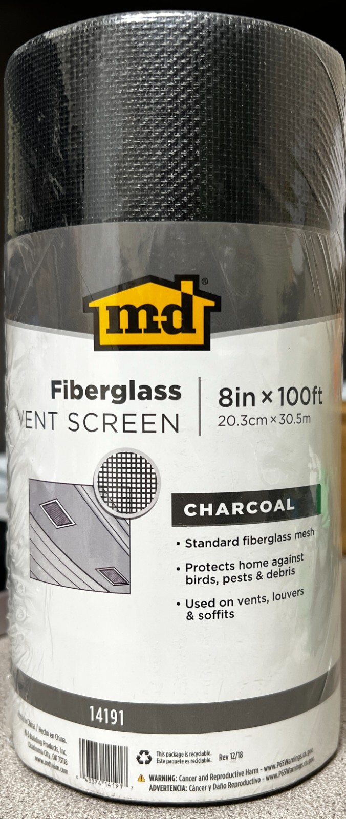 MD Fiberglass Vent Screen, Charcoal, 8in x 100ft, 20.3cm x 30.5m