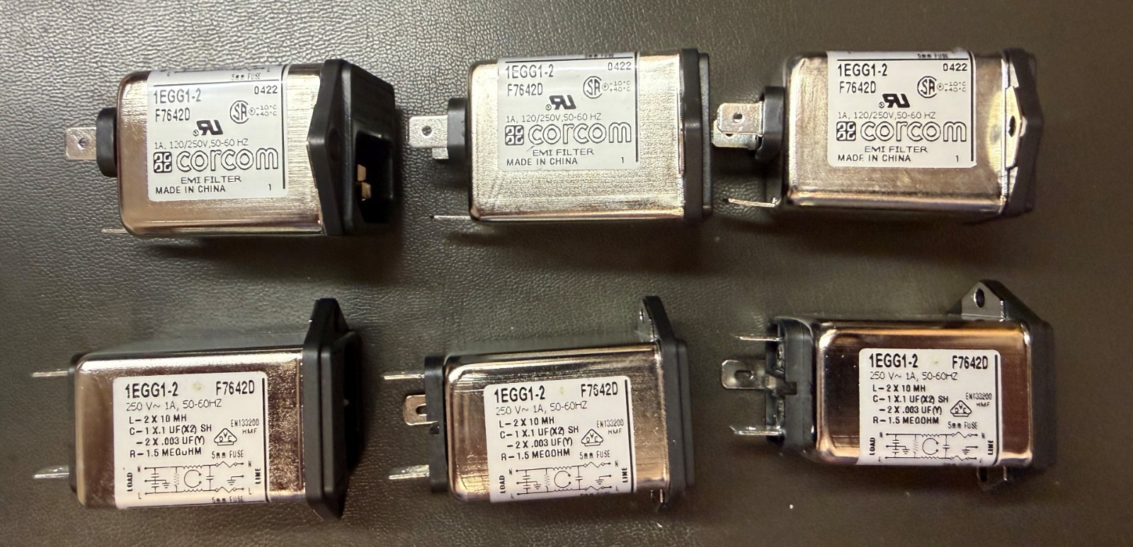 Corcom EMI Filters for Power Connector, P/N 1EGG1-2, Qty. 6, NOS