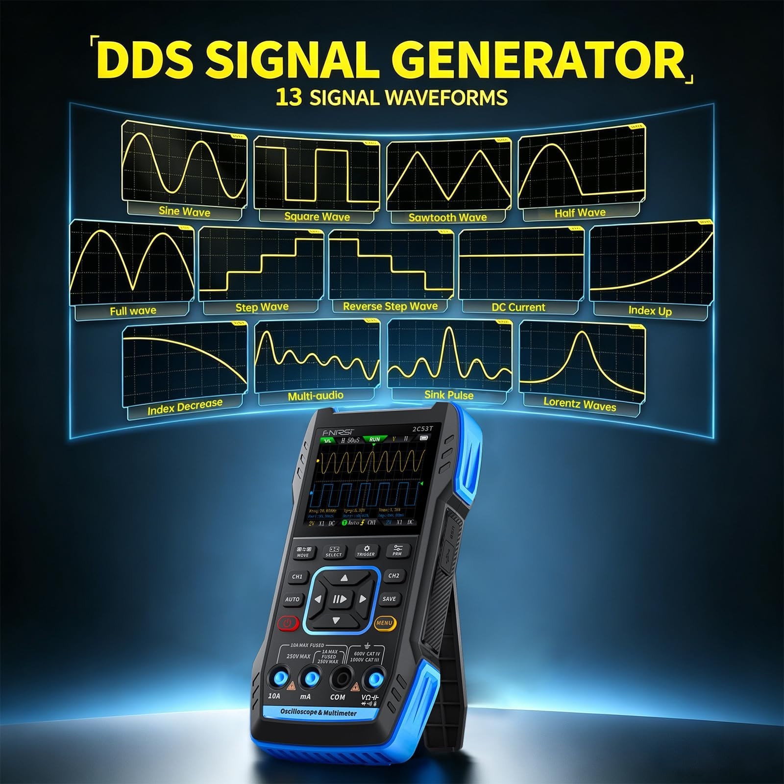 3-in-1 Handheld Oscilloscope 50MHz 2CH, 250MSa/s Sampling, Multimeter & Signal G