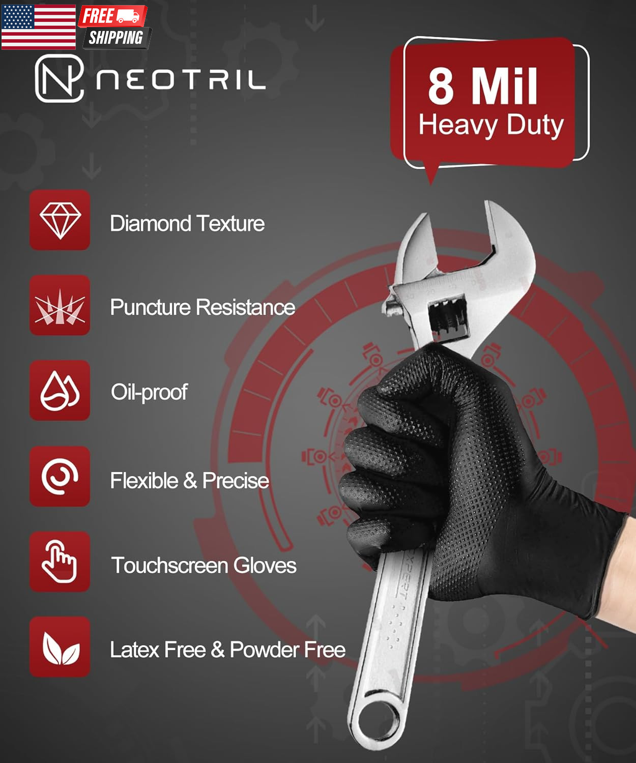 8 Mil Heavy Duty Disposable Nitrile Gloves with Diamond Texture Grip Rubber Glov