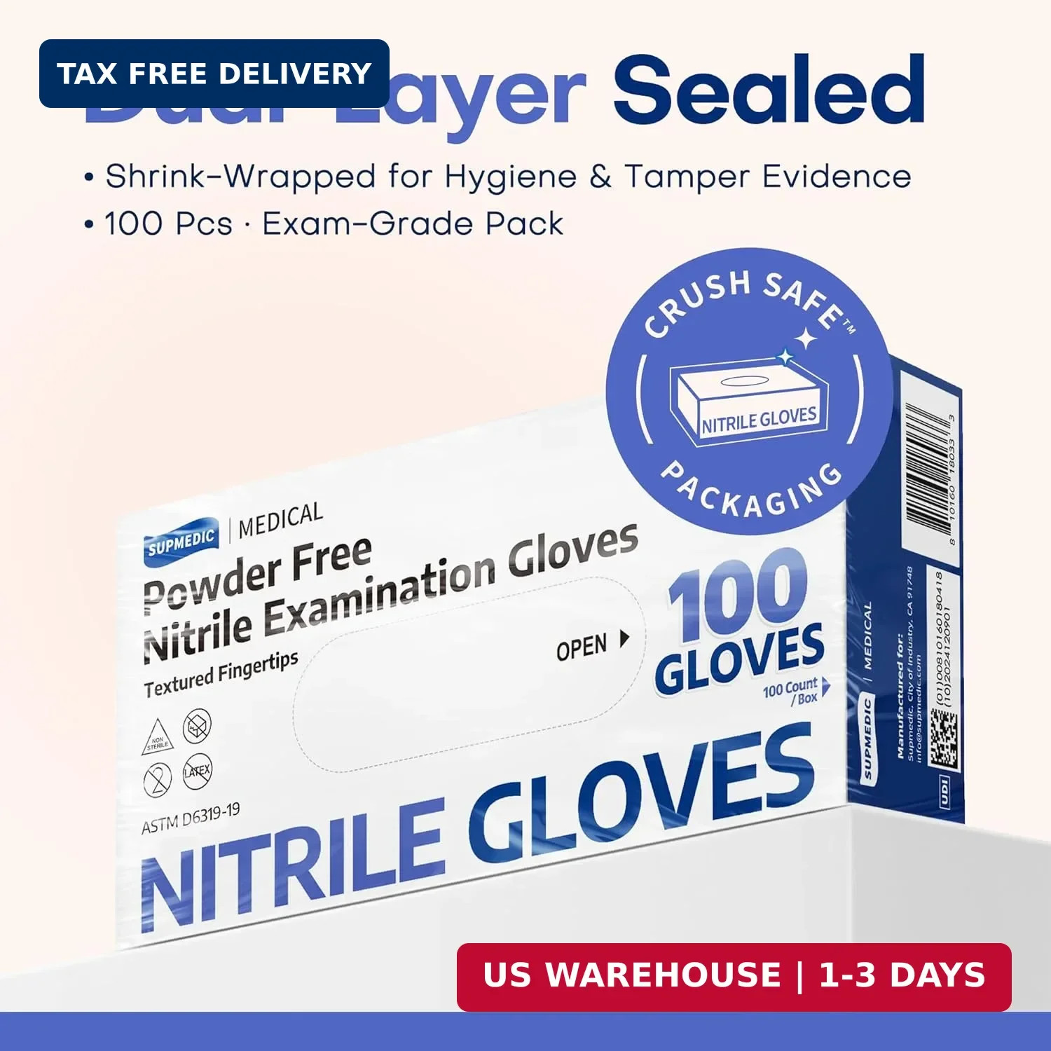 Supmedic Medical Soft Max™ Nitrile Exam Gloves, Powder-Free Latex-Free Food Safe
