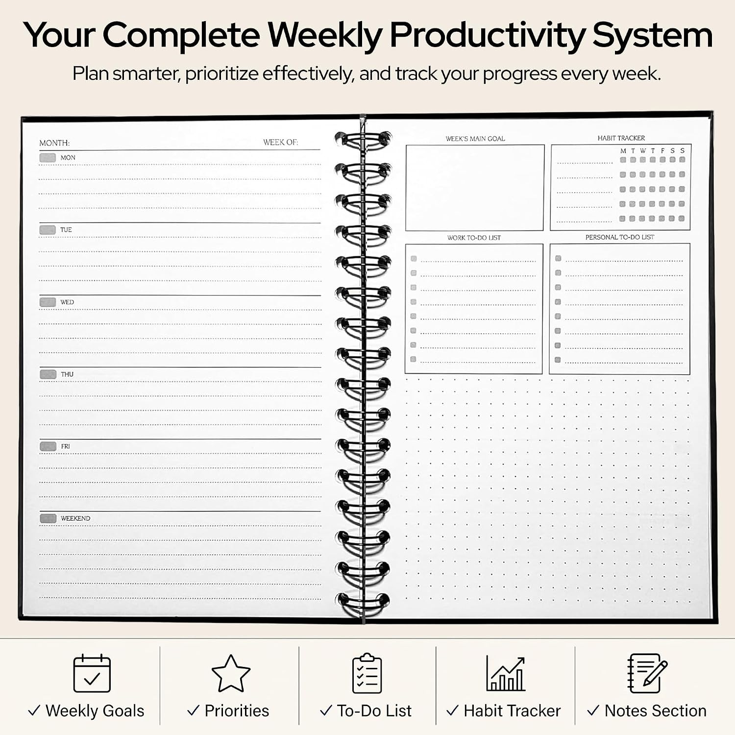 Undated Weekly Planner Notebook 2026, A5 Hardcover Weekly to Do List Notebook fo