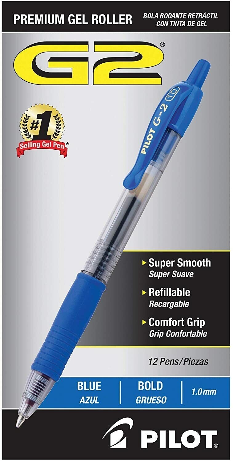 Pilot G2 Retractable Premium Gel Ink Roller Ball Pens 1.0 Bold Blue 12 Count