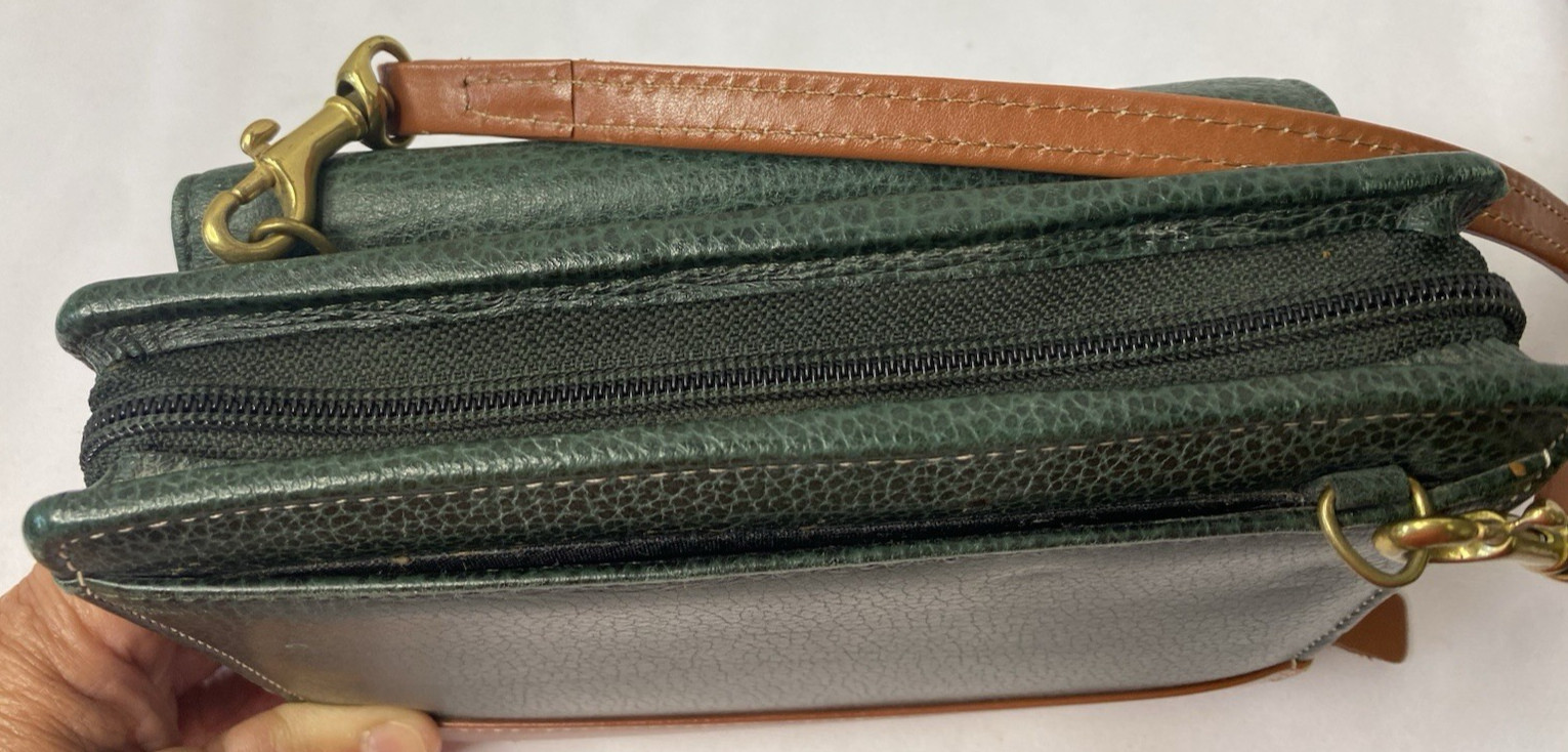 VINTAGE FRANKLIN QUEST ZIP PLANNER LEATHER GREEN/BROWN W/ADJ STRAP 6-1″ RINGS