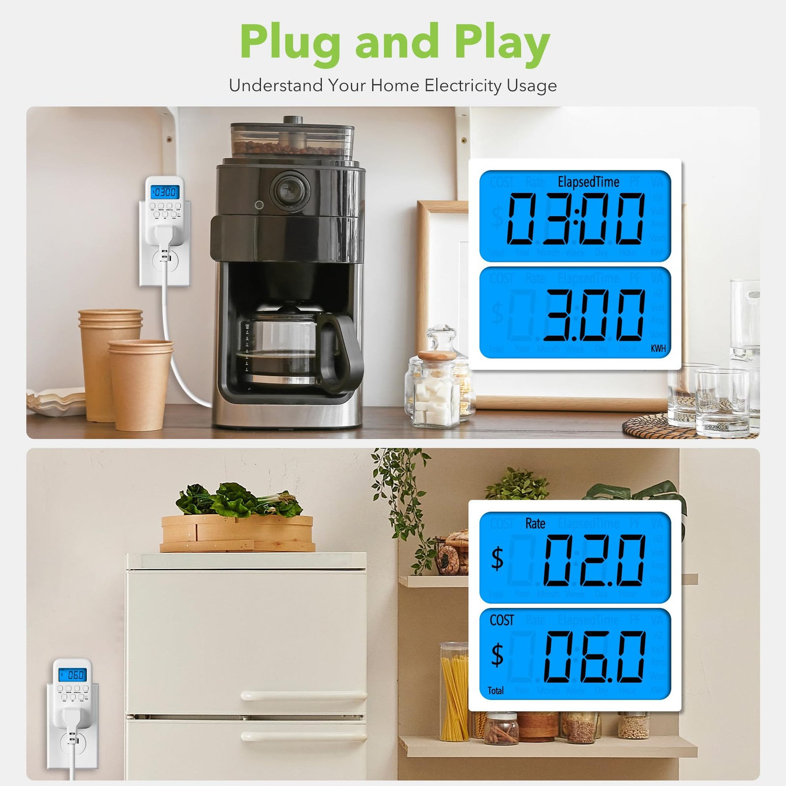 Plug In Watt Meter Power Energy Monitor Backlit LCD Voltage Amps kWh 9 Modes