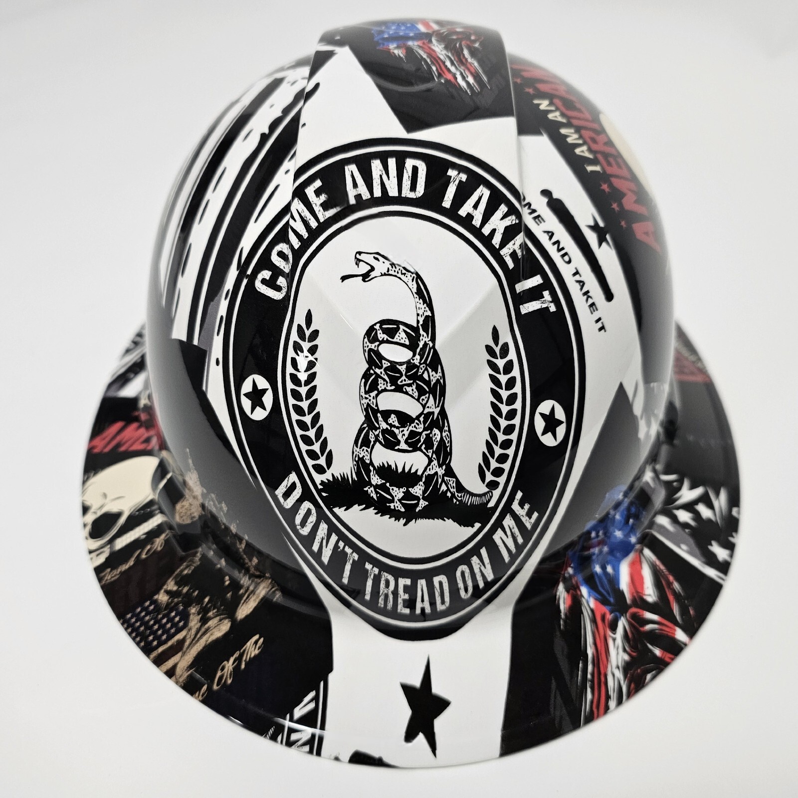 full brim hard hat custom hydro dipped IN PATRIOT COME AND TAKE IT STICKER BOMB