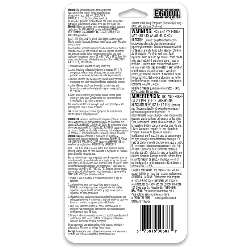3 E6000 PLUS No Odor All-Weather Adhesive 0.9 oz. Waterproof UV resistant 570110