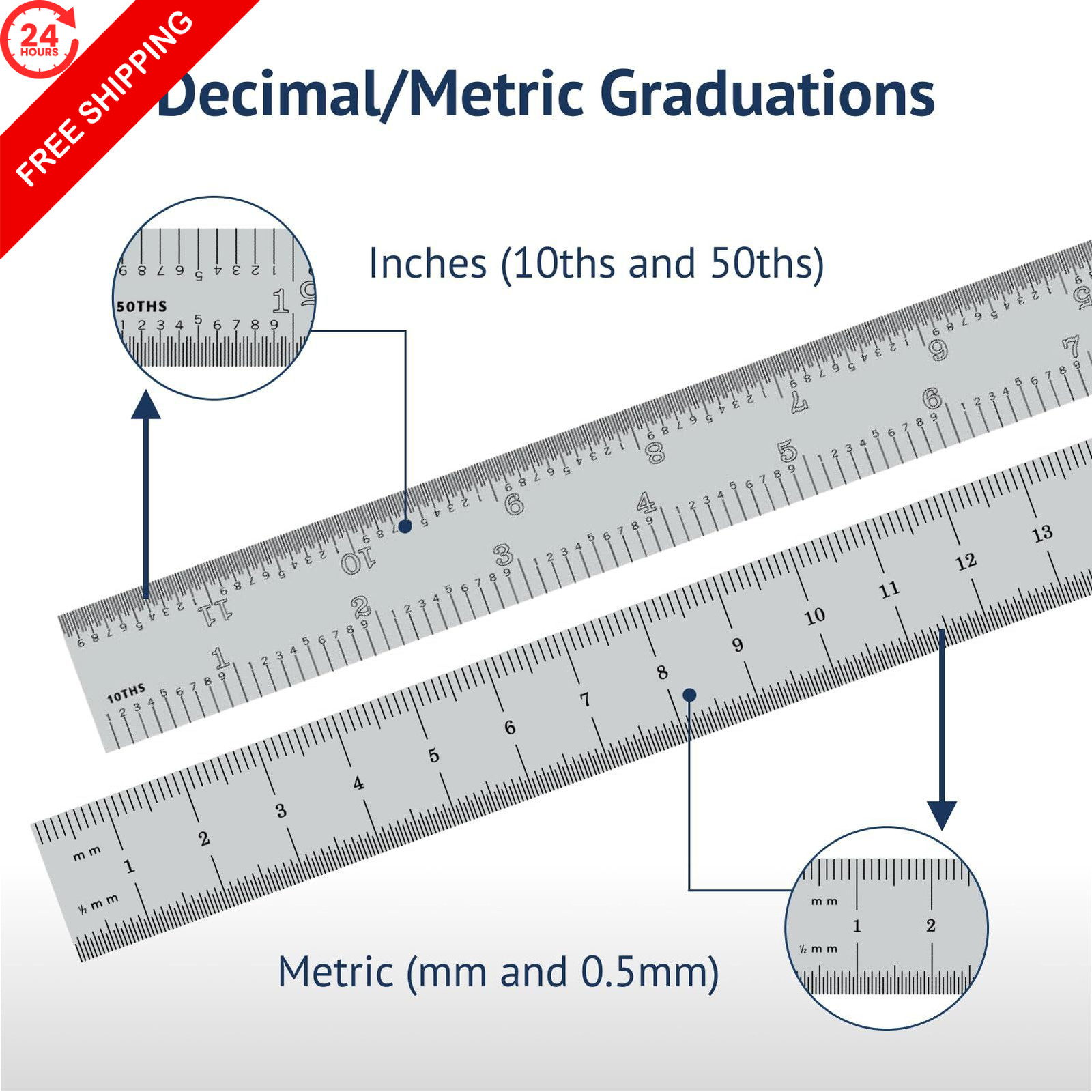 PEC Tools 12″/300mm Rigid Metal Ruler, High-Quality Machinist 12″,