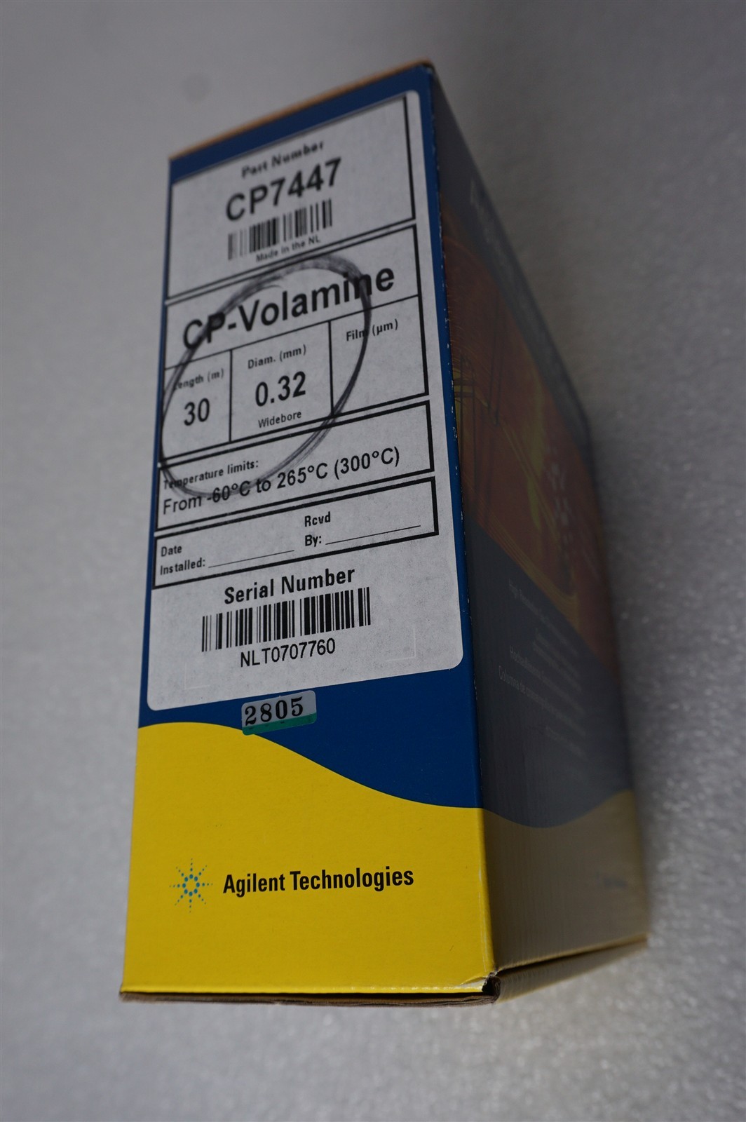 J&W CP-Volamine Column Part Number CP7447, GC Column, 30 m, 0.32 mm, 7 inch cage