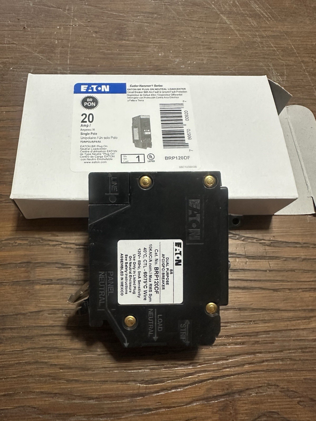 New In Box Eaton BRP120DF – 20 Amp Dual Purpose AFCI GFCI Circuit Breaker 120V