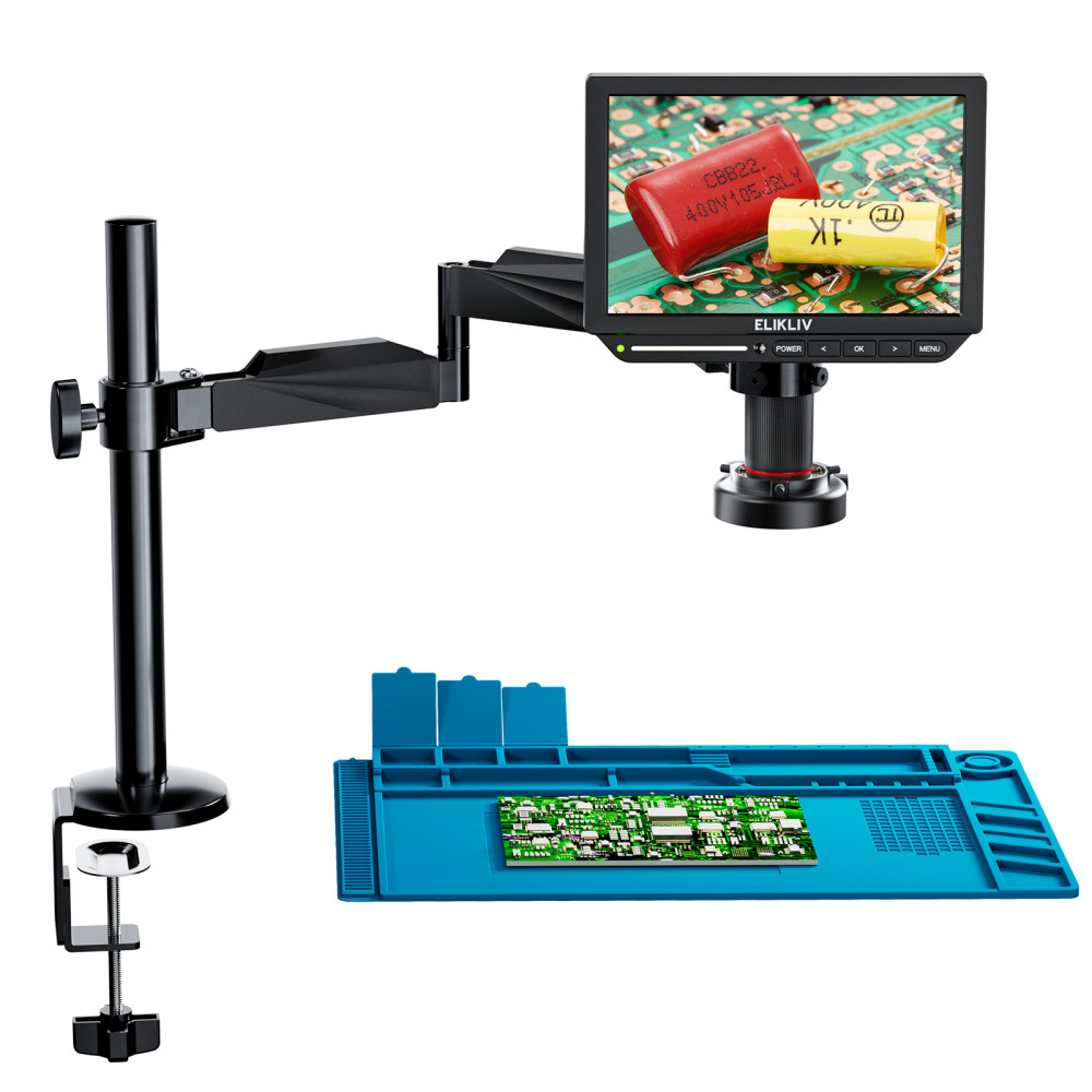 Elikliv 4K Soldering Digital Microscope 2000X 10.1» 52MP & Flexible Arm Stand