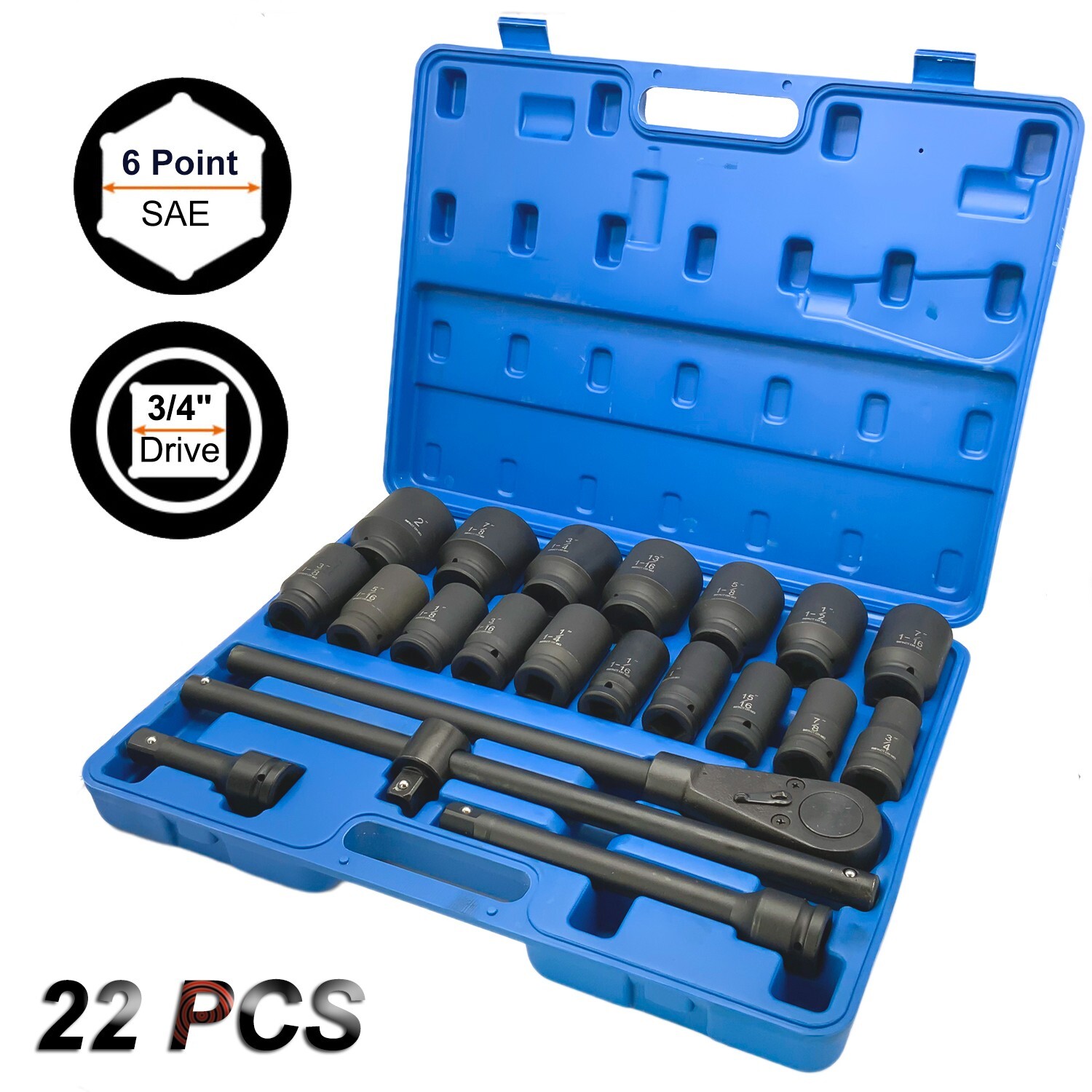 22Pcs Impact Socket Set 3/4″ Drive Deep SAE Cr-Mo Extension Bar Sliding T-Bar