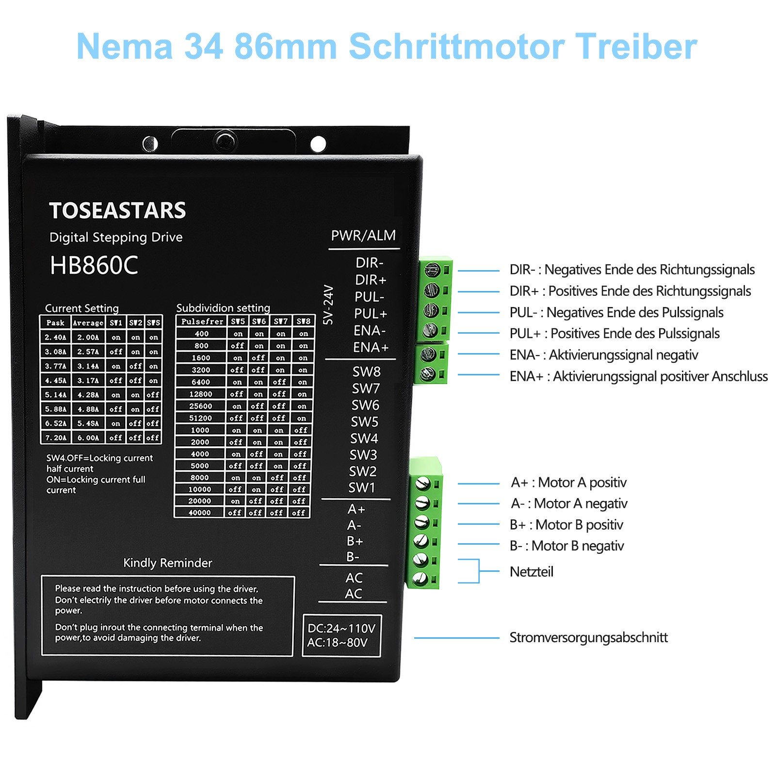 1/3/5Axis Nema34 Stepper MotorΦ14m 4.5/8.5/12Nm &Driver&60V Power Supply CNC Kit