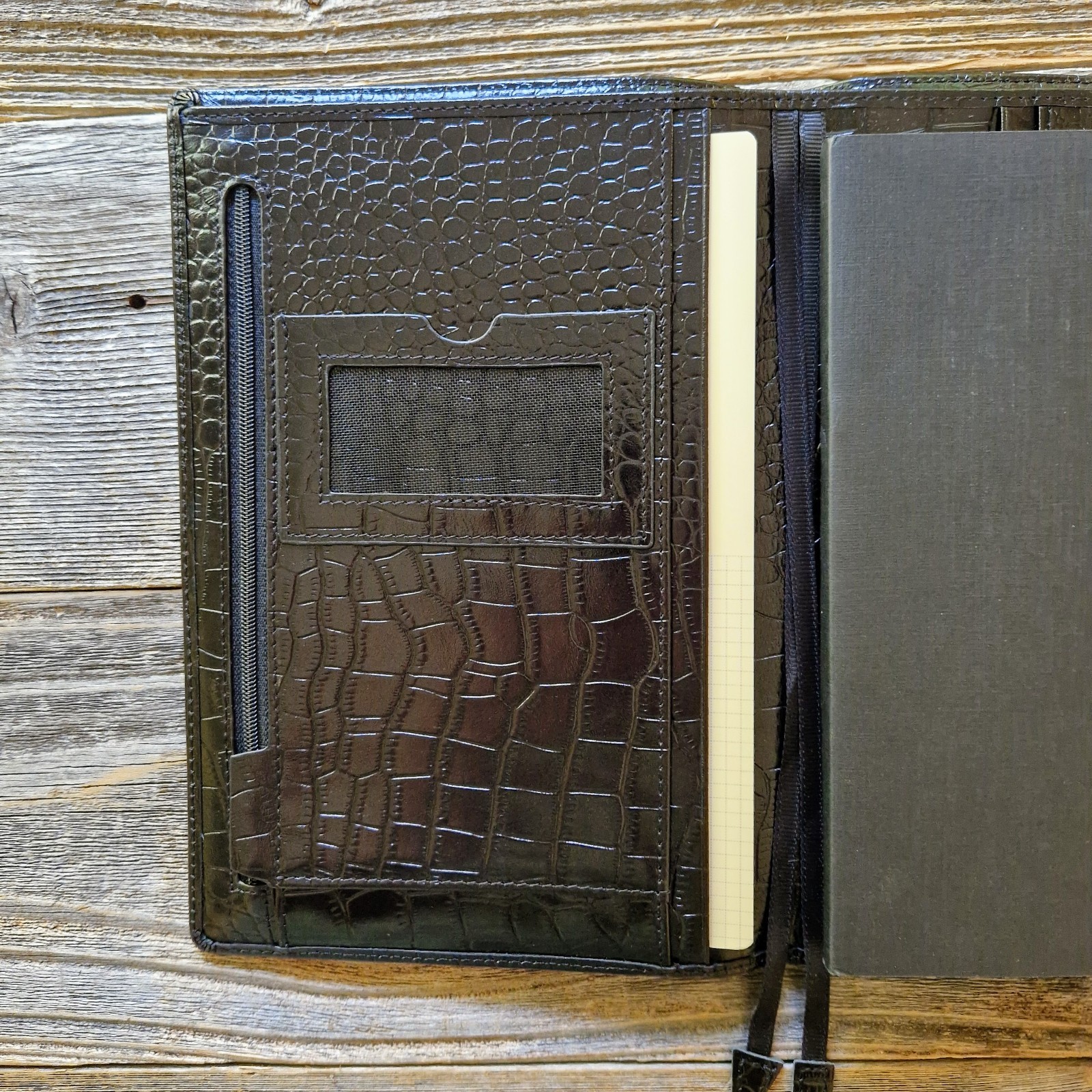 Fabriano A5 Black Crocodile-Embossed Leather Writing Case w/ 2 Notepads