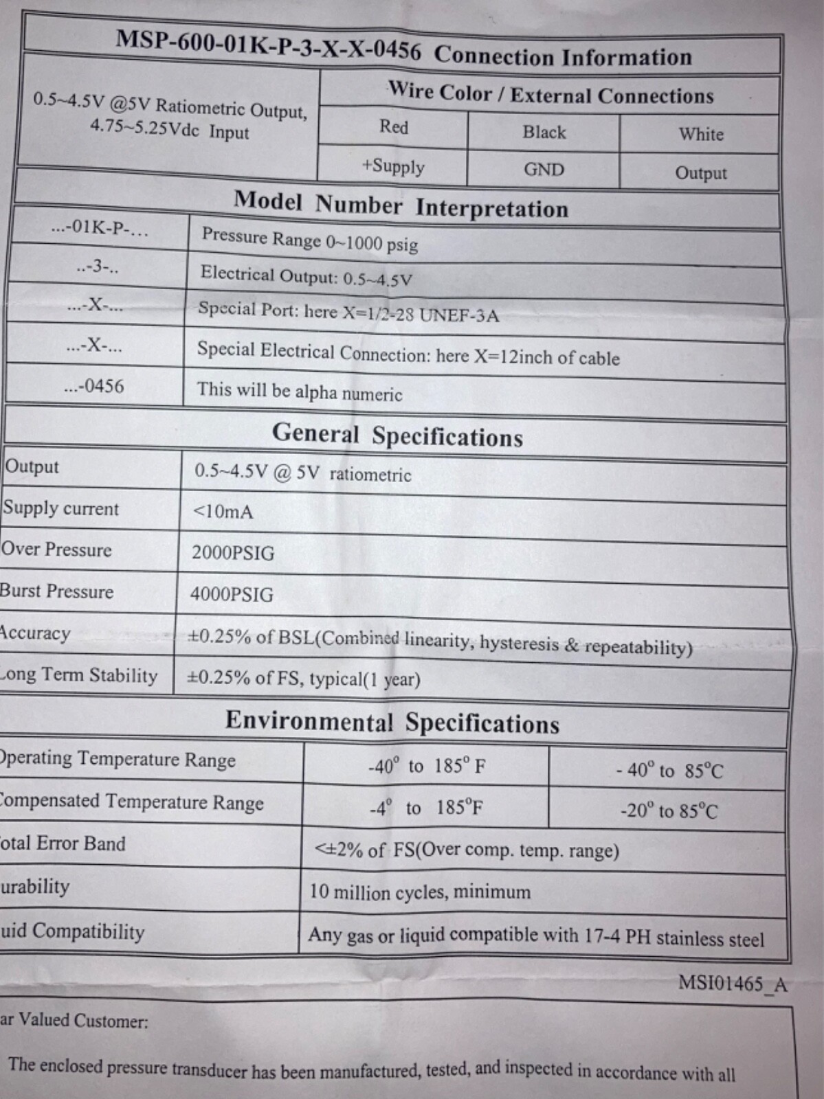 MEASUREMENT SPECIALTIES 0-1000 PSI PRESSURE TRANSDUCER