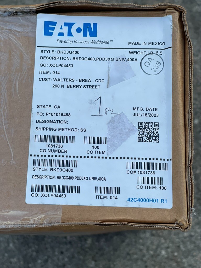 New Eaton BKD3G400 PDD33G0400TFAN 3P 400 Amp 240 Volt Main Circuit Breaker Kit