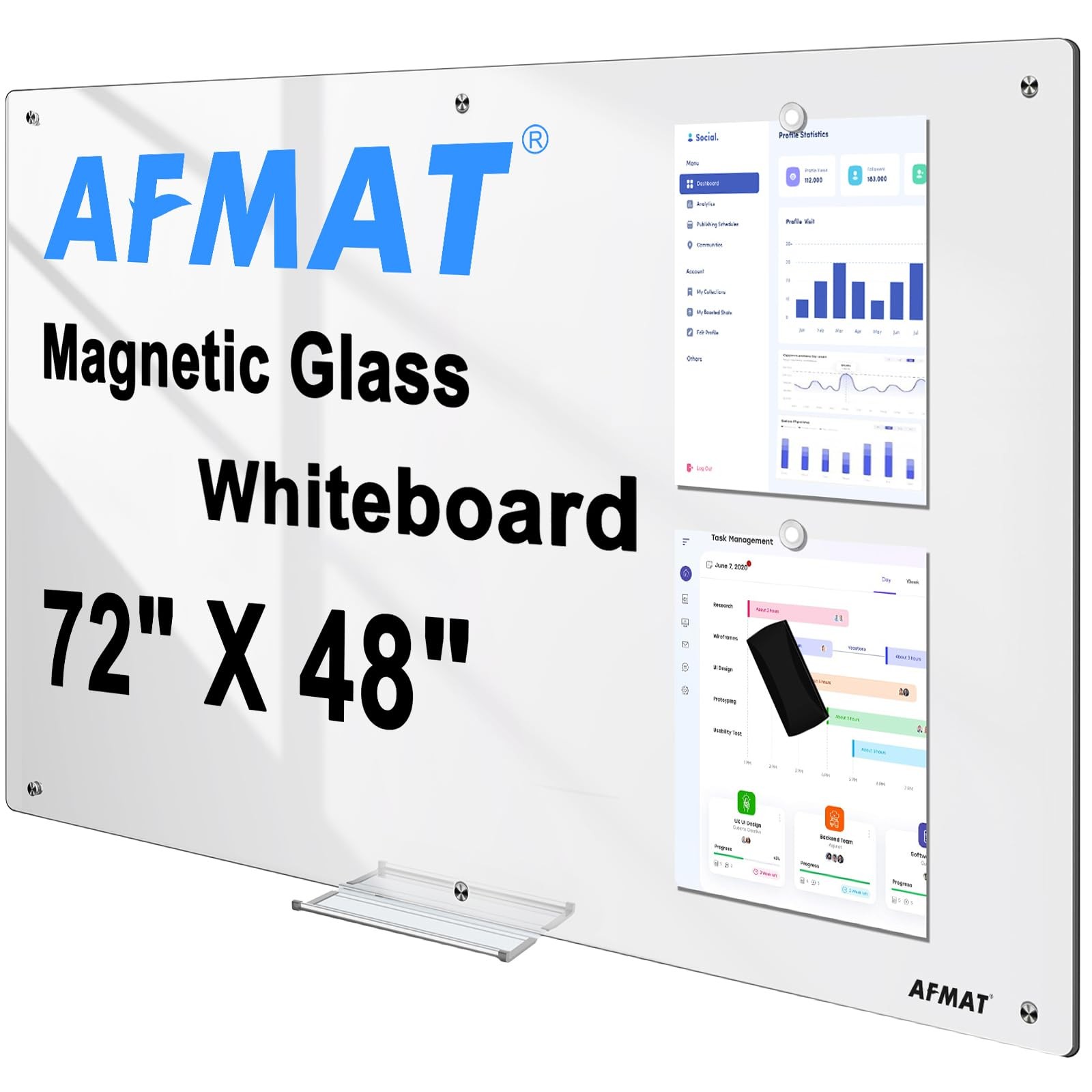 AFMAT Magnetic Glass Dry Erase Board, 72″ x 48″ Glass Wall Mounted White Board