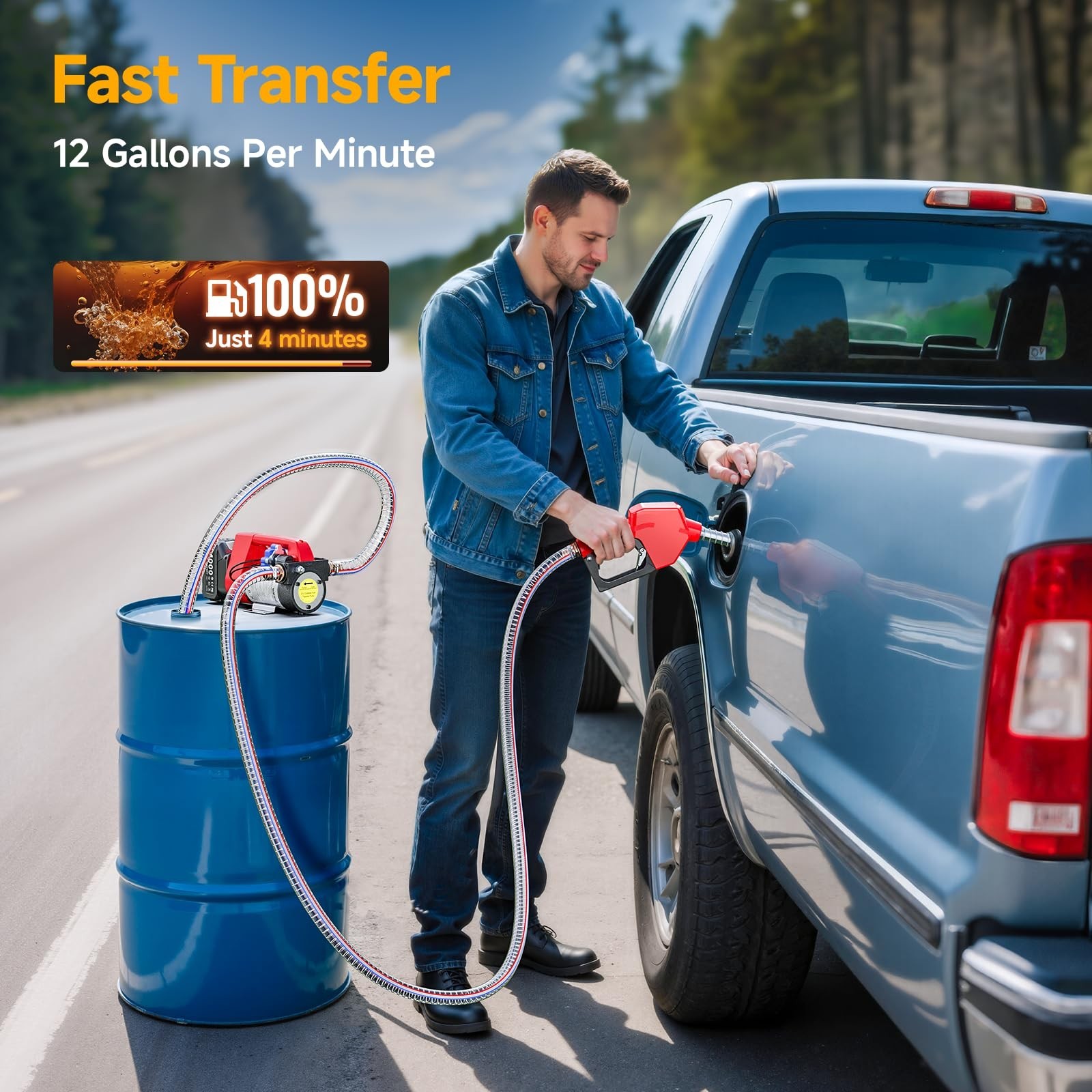 Portable 12GPM Battery-Powered Fuel Transfer Pump Kit with Auto-Off Nozzle & Hos