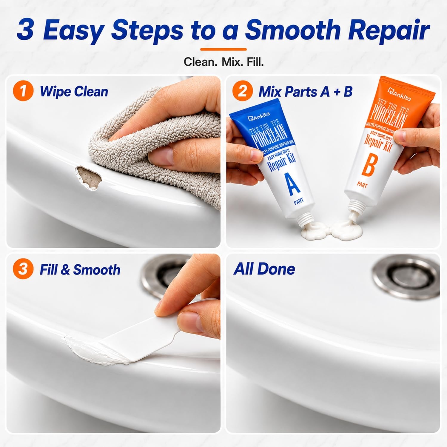 Porcelain Repair Kit White, High-Gloss Chipped Repair, No.01 White