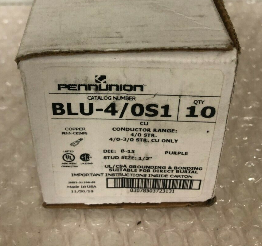 10) Penn Union Compression Lugs, BLU-4/0S1, Purple, Die/B-15 Stud 1/2″ BOX OF 10